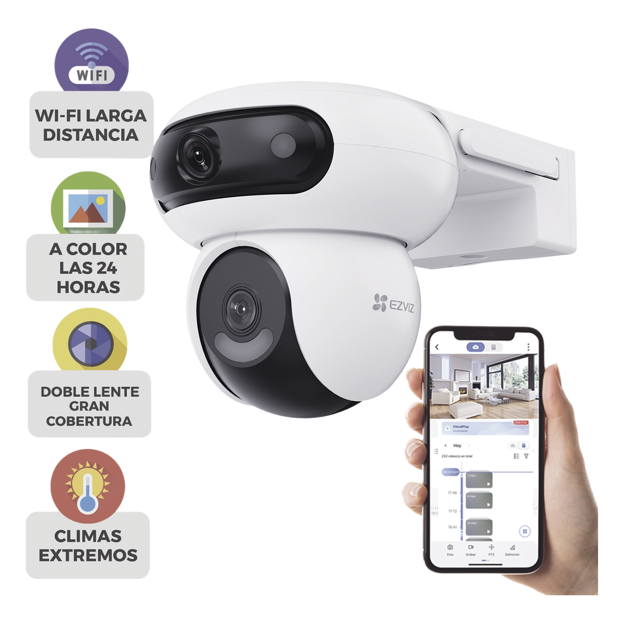 Cámara PT IP / Dual Lente 4MP+4MP / Rotación 360° / Visión Nocturna Color 40 m (131.2 ft) / Audio Bidireccional / IP65 — EZVIZ · SKU CS-H90