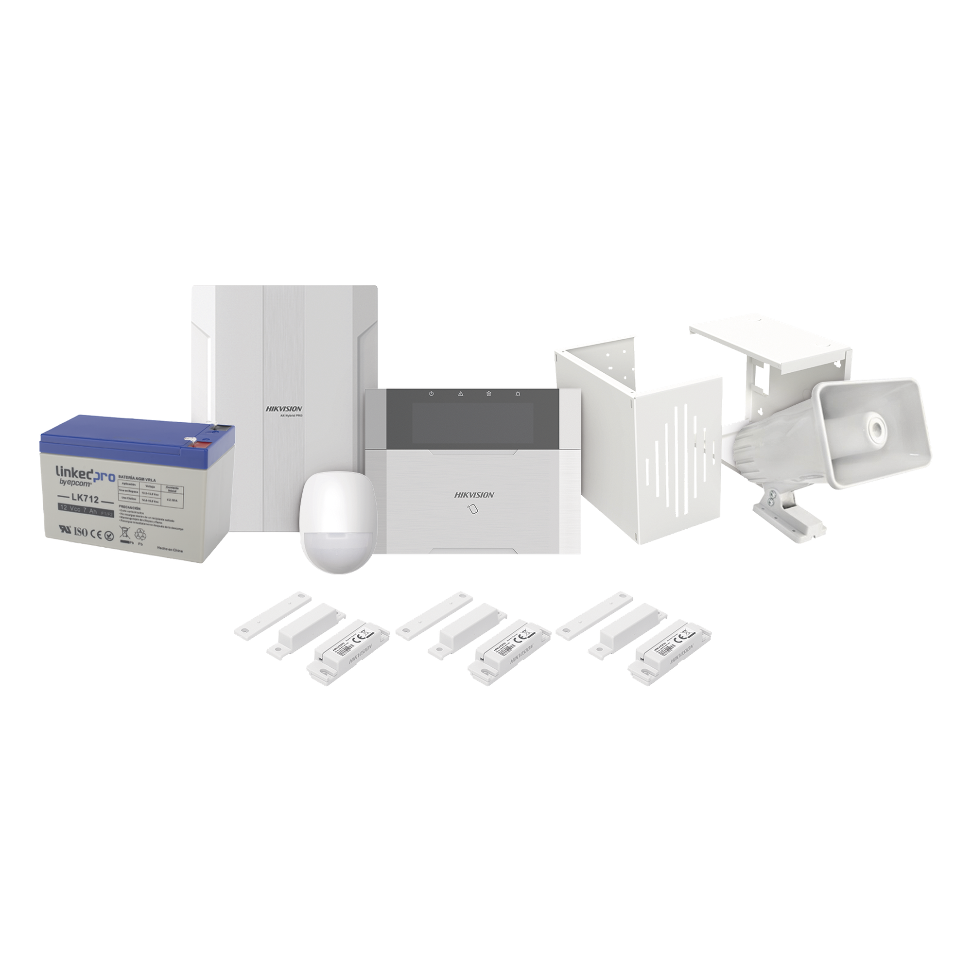 KIT Panel de Alarma AX HYBRID PRO / 1 Panel Híbrido / 1 Monitor LCD / 2 PIR / 3 Contactos Magnéticos / 1 Sirena / 1 Gabinete para Sirena / 1 Batería 12 vcc 7 Amp — HIKVISION · SKU DS-PHA64-LP/PLUS