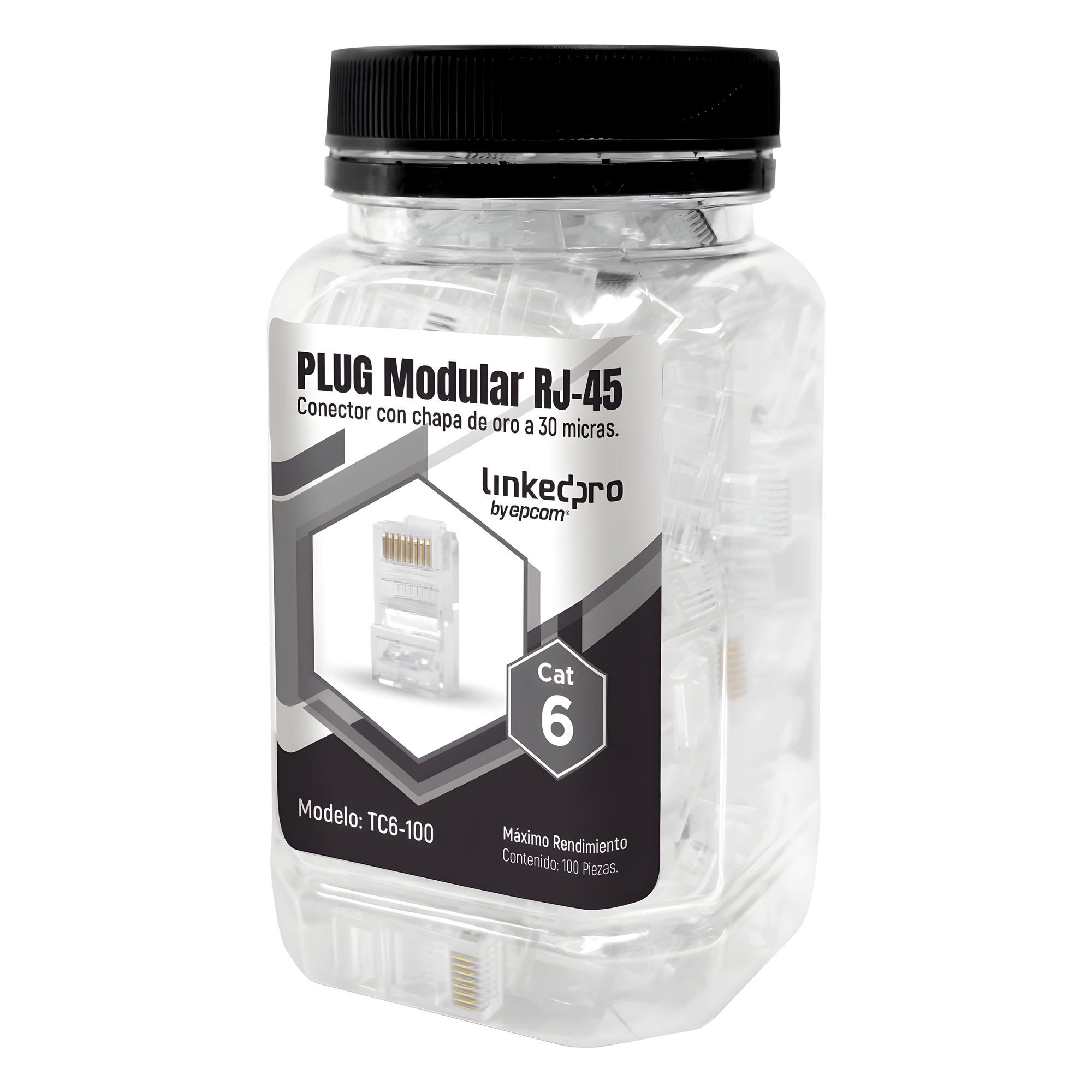 Bote con 100 Piezas de Plug Modular RJ45 Cat6 sin Blindaje, Chapado de Oro a 30 Micras para Durabilidad Extrema — LINKEDPRO BY EPCOM · SKU TC6-100