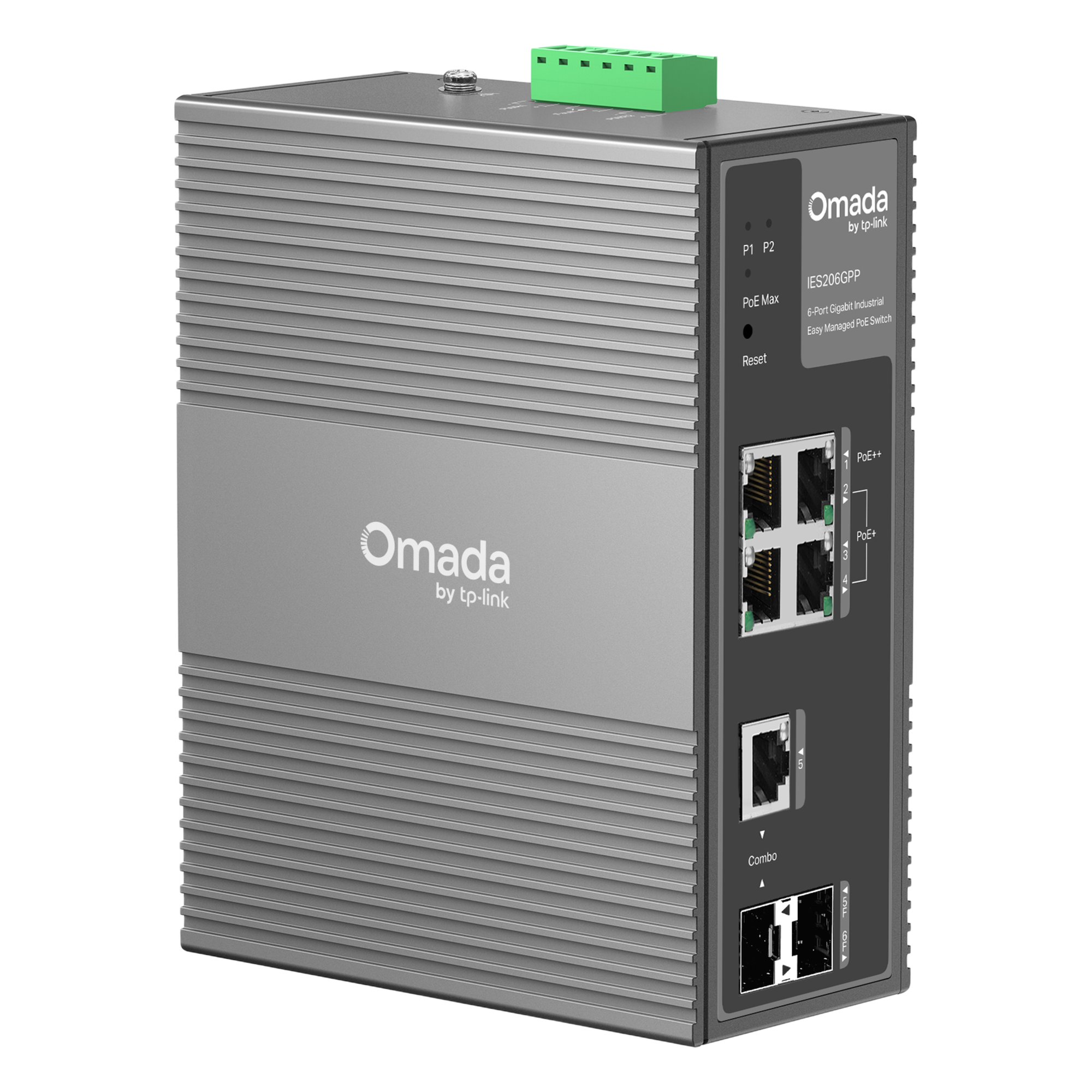 Switch Industrial Easy Managed / 6 Puertos Gigabit / 4 PoE (1× PoE++ 60W + 3× PoE+ 30W) / 120W PoE Budget / 2 SFP / IP40 / -40°C a 75°C / 6kV Protección Rayos / DIN-Rail
