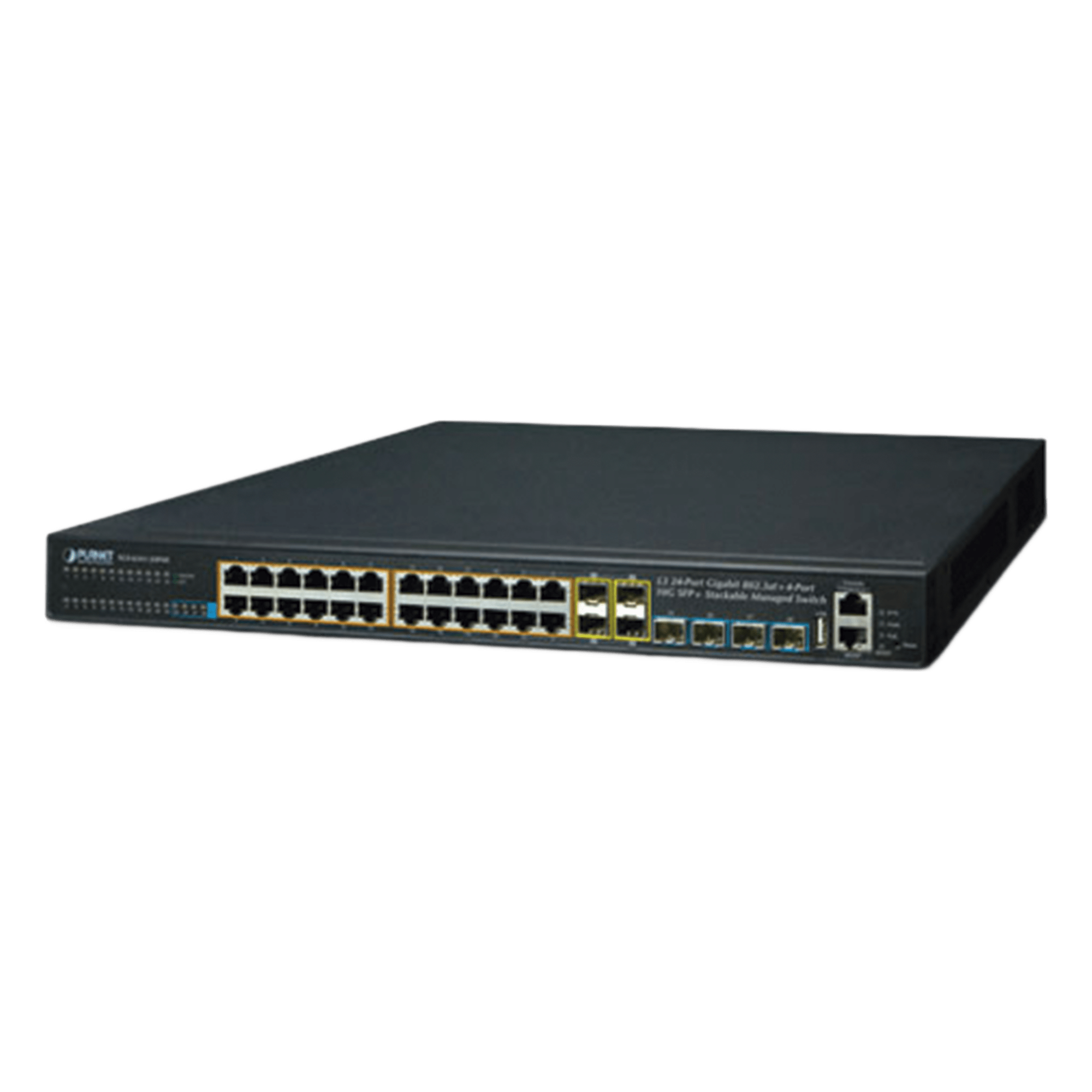 Switch Administrable Stacking Capa 3, 24 Puertos PoE 802.3af/at 10/100/1000T, Hasta 370 W,  4 Puertos 10G SFP+ — PLANET · SKU SGS-6341-24P4X