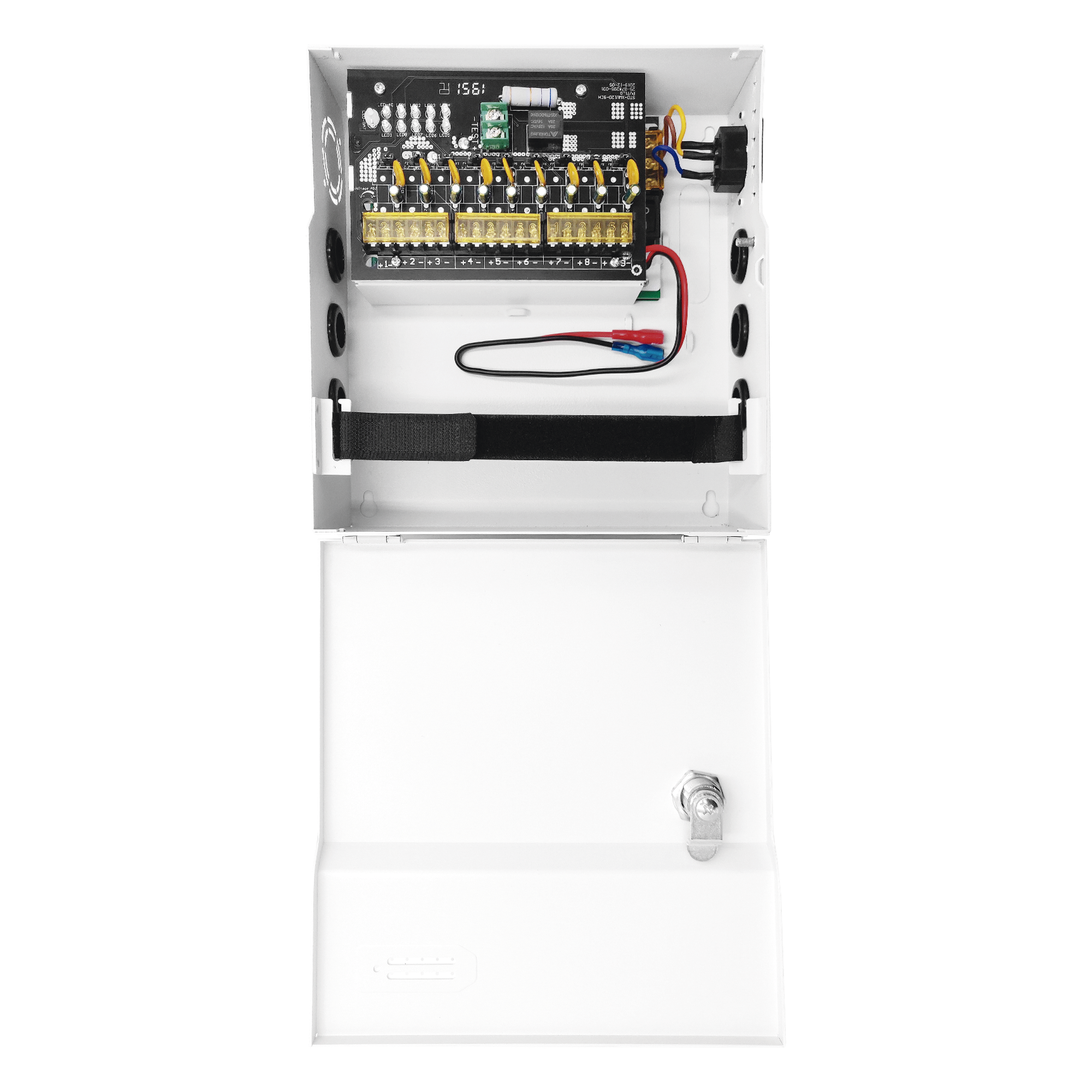  Fuente de Poder con ajuste de voltaje de 11- 15 Vcc / 10 A / 9 Salidas / Capacidad de Batería de Respaldo / Requiere Batería / Voltaje de Entrada 96-264 Vca