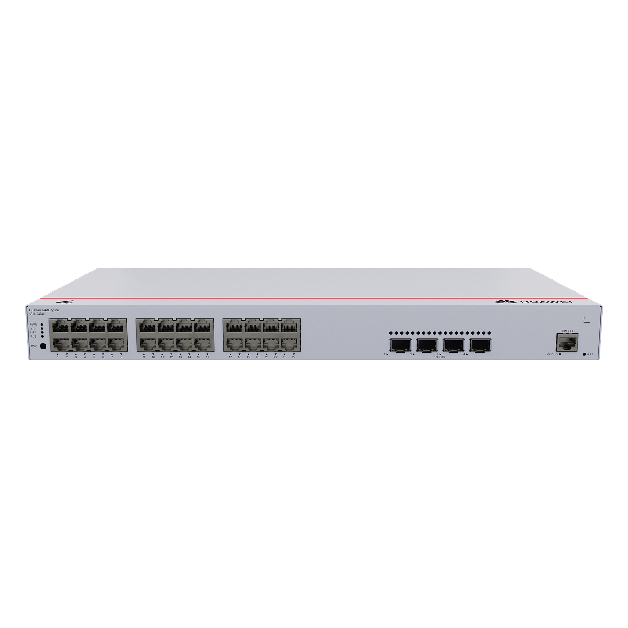 Switch de Distribución/Core Gigabit Administrable PoE Capa 3 / 24 puertos 10/100/1000 Mbps (PoE) / 4 Puertos 10GE SFP+ Uplink / ERPS / Rutas Estáticas / iStack / PoE Perpetuo / 400W / Administración Nube Gratis — HUAWEI · SKU S310-24P4X