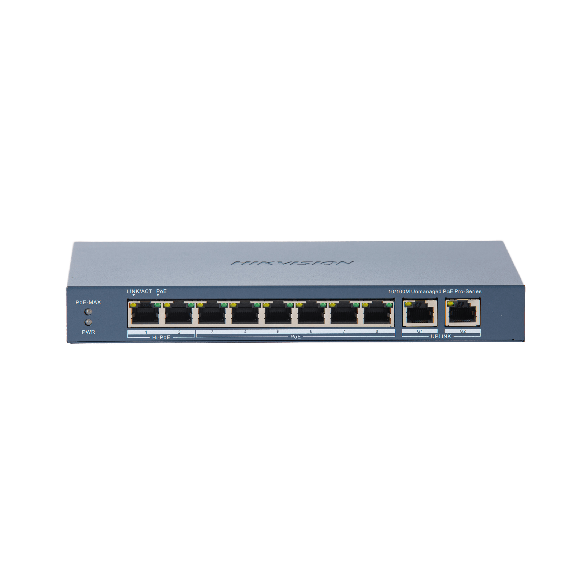 Switch PoE+ / No Administrable / 7 Puertos 10/100 Mbps 802.3 af/at (30 W) / 1 Puerto 10/100 Mbps Hi-PoE (90 W) / 2 Puertos 1000 Mbps Uplink / Modo Extendido hasta 300 Metros / 110 Watts