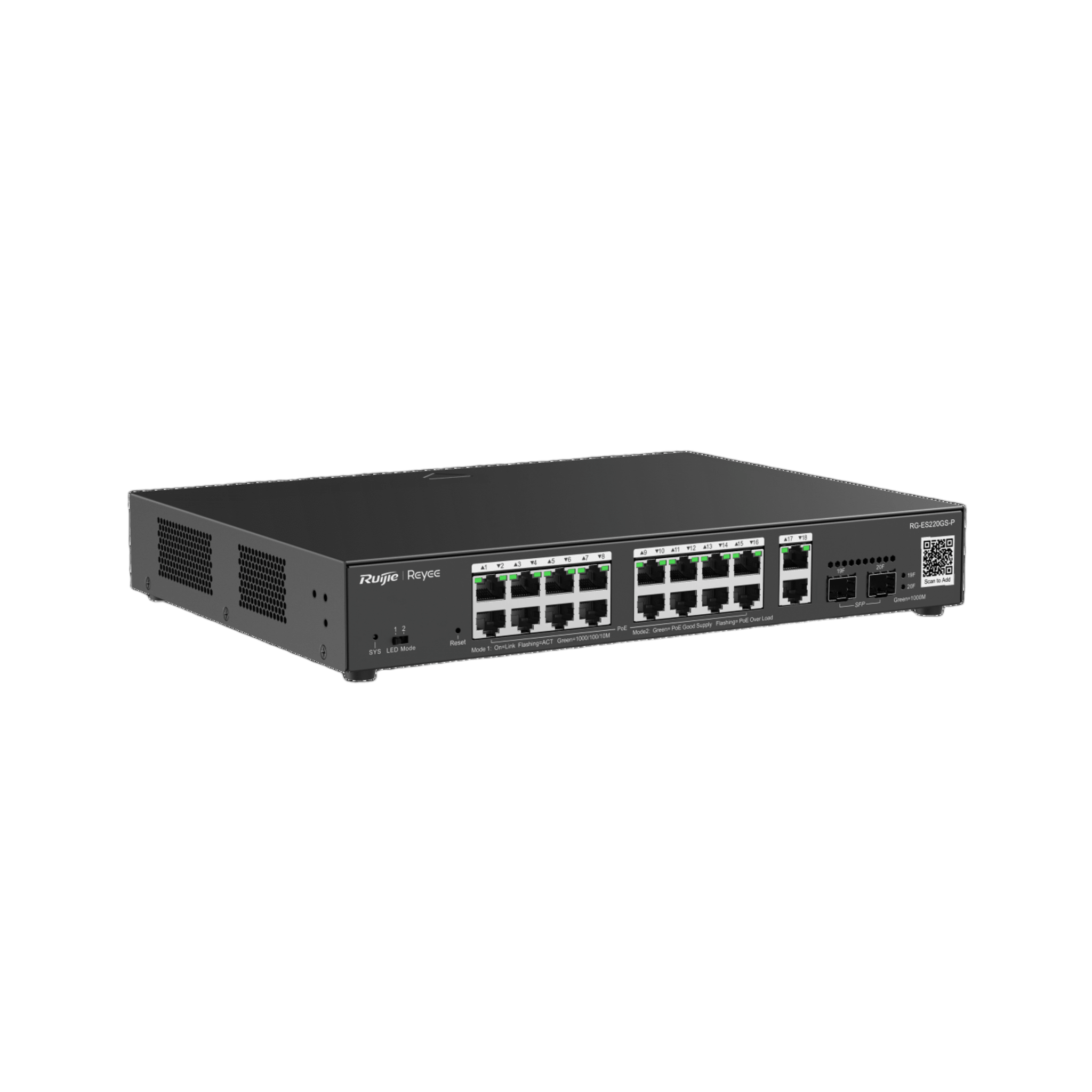 Switch L2 Administrable PoE con 16 puertos Gigabit PoE 802.3af/at + 2 SFP para fibra 1Gb, gestión gratuita desde la nube, 240w — RUIJIE · SKU RG-ES220GS-P
