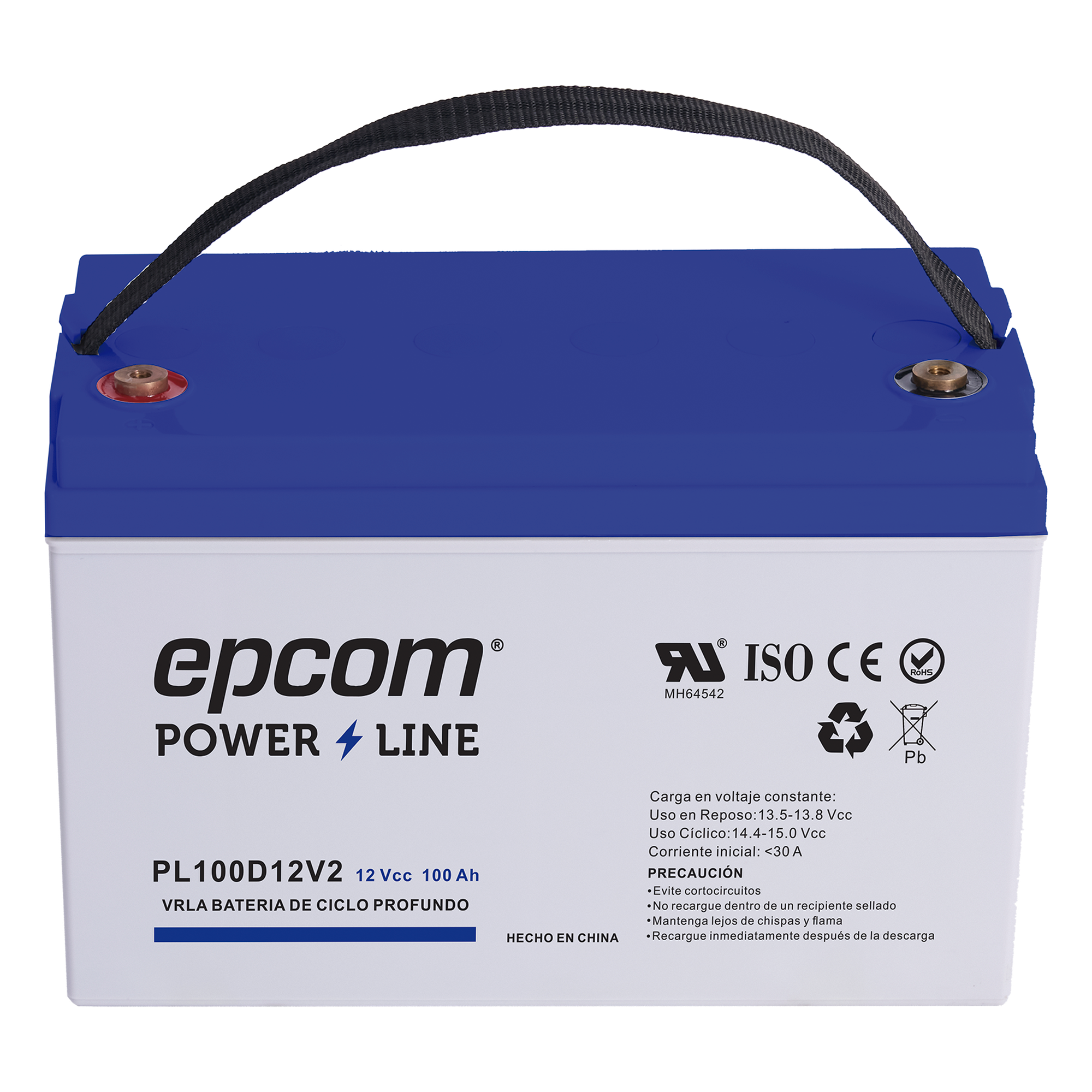 Batería de respaldo 12 V 100 Ah AGM | Certificada UL94-HB Retardo a la flama básica | Ciclo profundo | Para uso en aplicaciones fotovoltaicas y de emergencia | Terminales T4 — EPCOM POWERLINE · SKU PL100D12V2