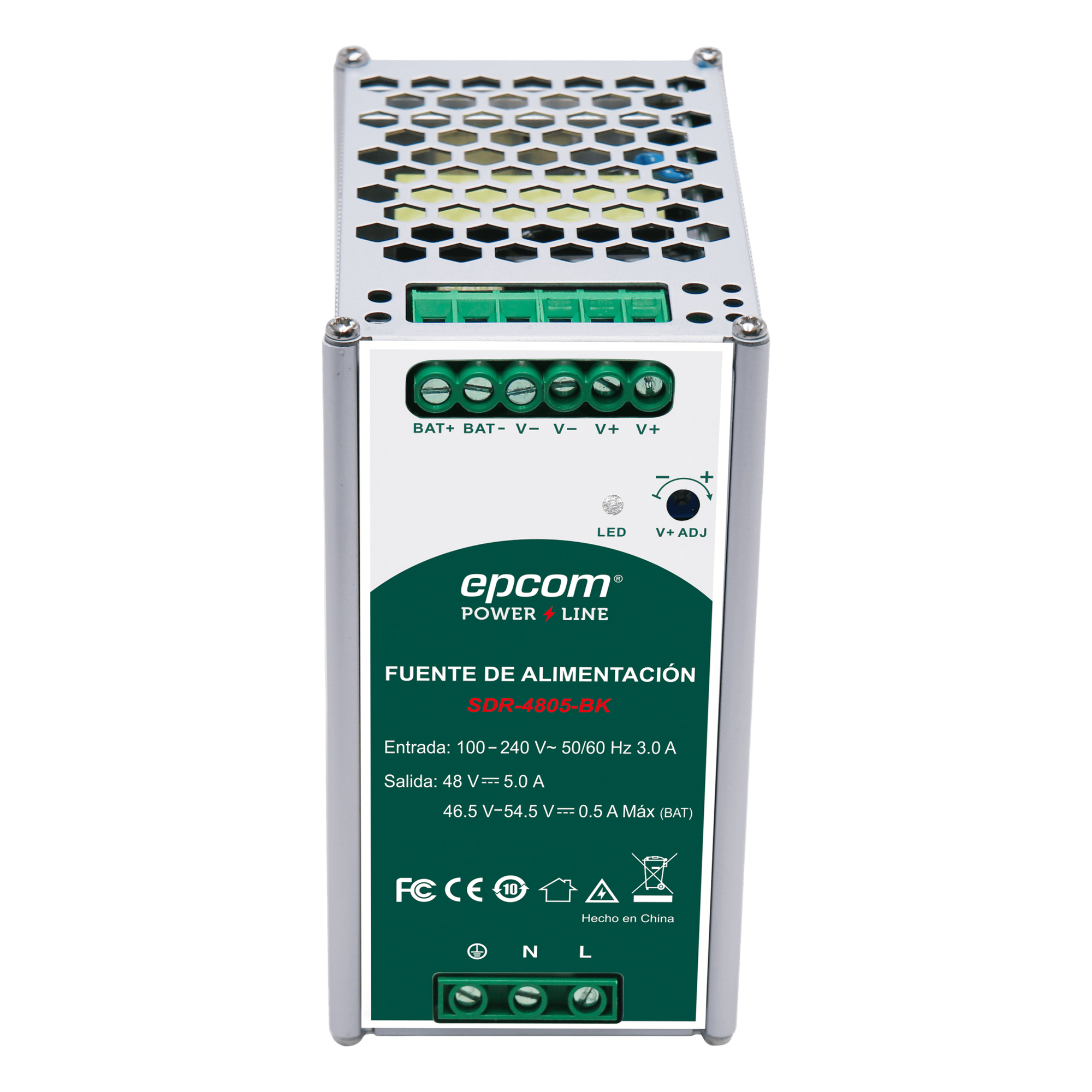 Fuente de Alimentación Industrial / Riel DIN / 48 VCC / 5 A / 240 W / Eficiencia ≥ 90% / -20 a 70 °C / Cargador de Batería Integrado — EPCOM POWERLINE · SKU SDR4805BK