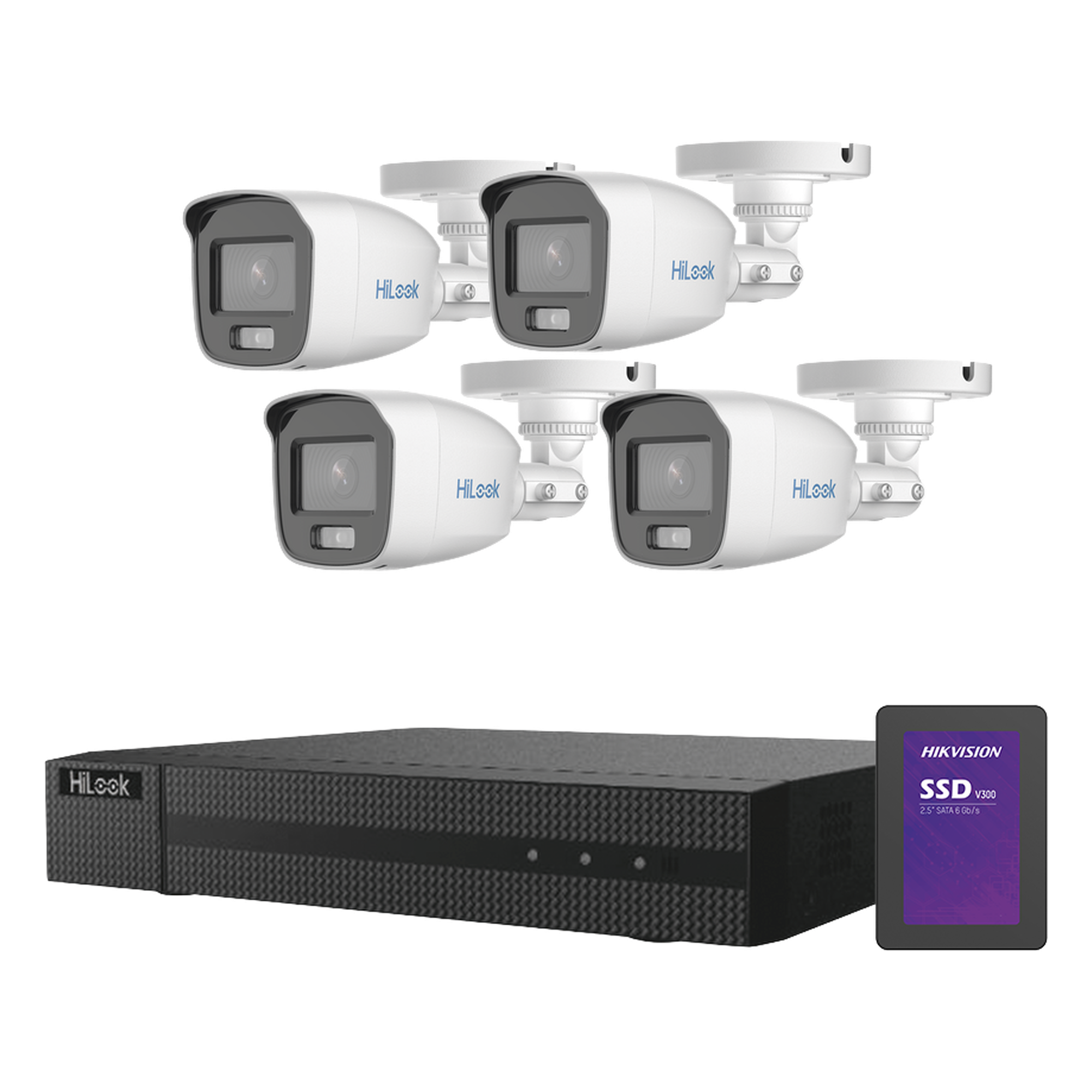 Kit TurboHD 1080p + SSD 1 TB / DVR 4 Canales / 4 Cámaras Bala ColorVu con Micrófono Integrado / Fuente de Poder / Accesorios de Instalación — HiLook by HIKVISION · SKU HL-1080-CV/A/1TB
