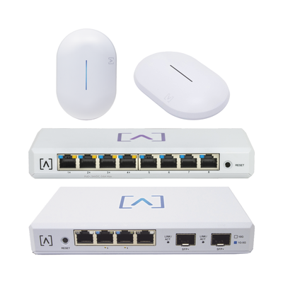 Starter KIT Alta Labs: Incluye 1 Router (Route10) / 1 Switch PoE (S8-POE) / 1 Puntos de Acceso WiFi 6 AP6 / 1 Punto de Acceso AP6-PRO / Bloqueo de Contenido / Administración en la Nube / App Gratuita / Compatible con la plataforma Purple — ALTA LABS · SKU ALTA-STR-KIT