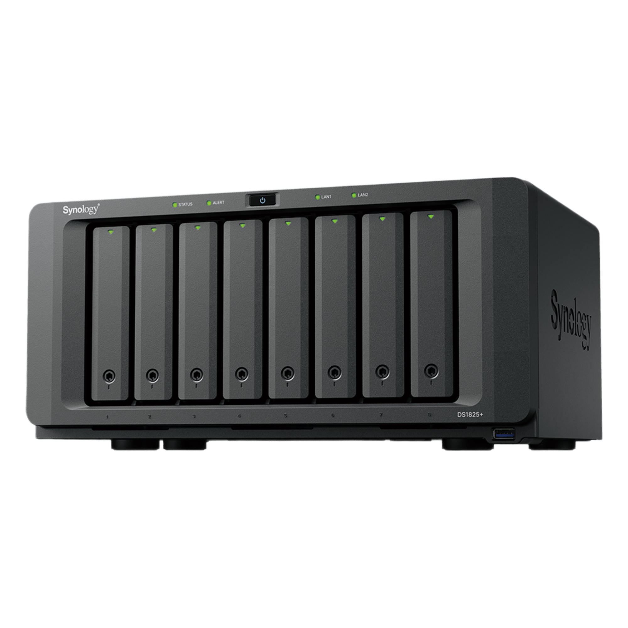 NAS DiskStation DS1825+ | 8 Bahías | AMD Ryzen V1500B | 8 GB DDR4 ECC | Hasta 2,239 MB/s Lectura | 2 Puertos 2.5GbE | Expansión PCIe 3.0 | Compatible con 10GbE y 25GbE | Caché SSD M.2 | Synology DSM. — SYNOLOGY · SKU DS1825+