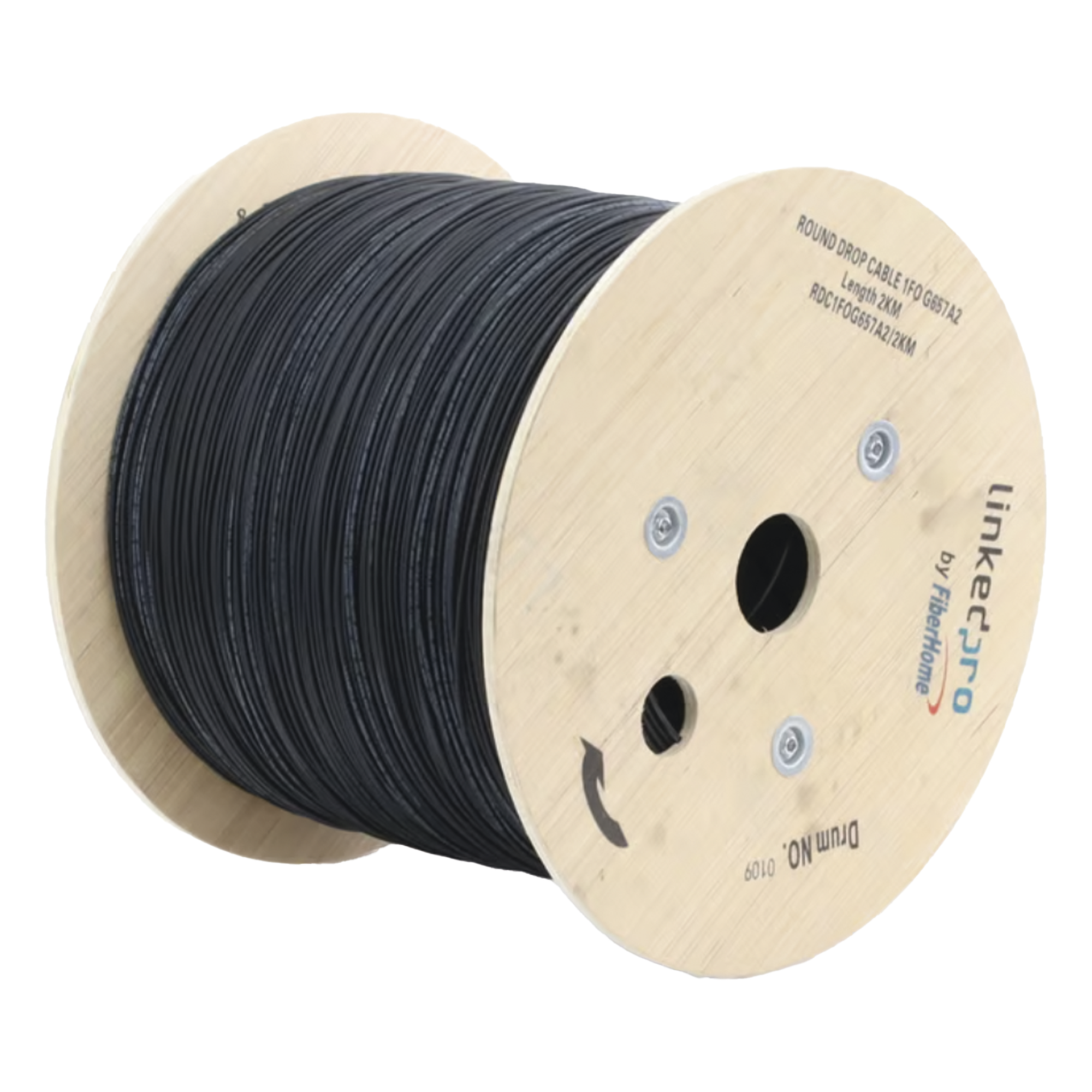 Carrete de 2 km de Fibra Óptica Aérea Tipo Drop Redonda (Figura 0) G.657A2, Monomodo, 1 Hilo, Forro de 3 mm — LINKEDPRO BY FIBERHOME · SKU RDC1FOG657A2/2KM
