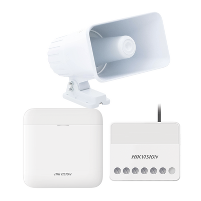 (AXPRO) KIT de alarma AX PRO con sirena cableada 30W / Incluye: 1 Hub con Batería de respaldo / 1 Sirena Cableada de 30 Watts IP65 / 1 Relevador Inalámbrico 0 a 36 VCC / Compatible con Hik-Connect P2P — HIKVISION · SKU AXPRO-KIT-SIRENA-C