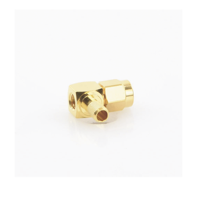 Conector SMA Macho Inverso en Ángulo Recto de Anillo Plegable para Cables RG-58/U, RG-142/U, Oro/ Oro/ Teflón.