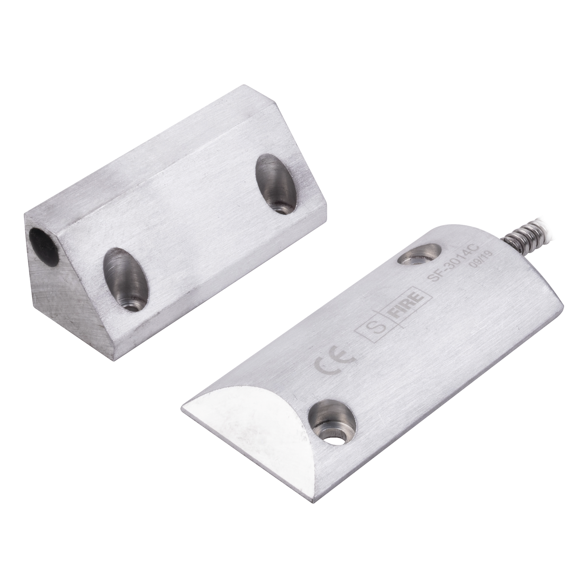 Contacto Magnético para Piso Uso Rudo / Salida Dual NC/NA / GAP 65 mm (2.5 in) / Aluminio / Cable Blindado 55 cm / UL & CE — SFIRE · SKU SF-3014-C