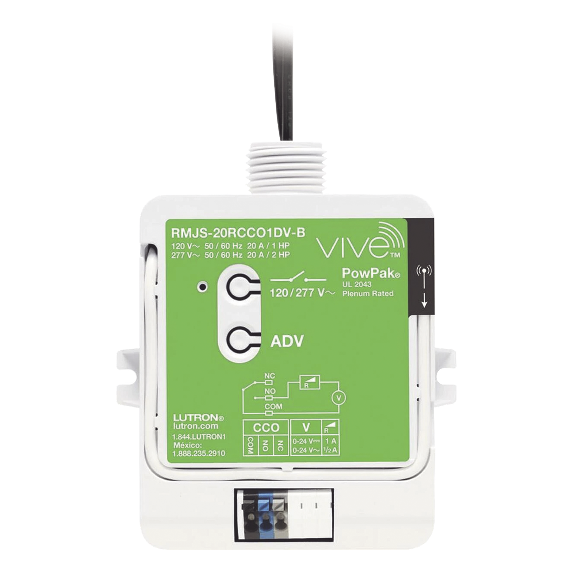 Módulo de relevador inalámbrico PowPak de 20 A para control de receptáculos, con salida de contacto seco para HVAC, compatible con controles Pico y hub Vive — LUTRON ELECTRONICS · SKU RMJS20RCCO1DVB