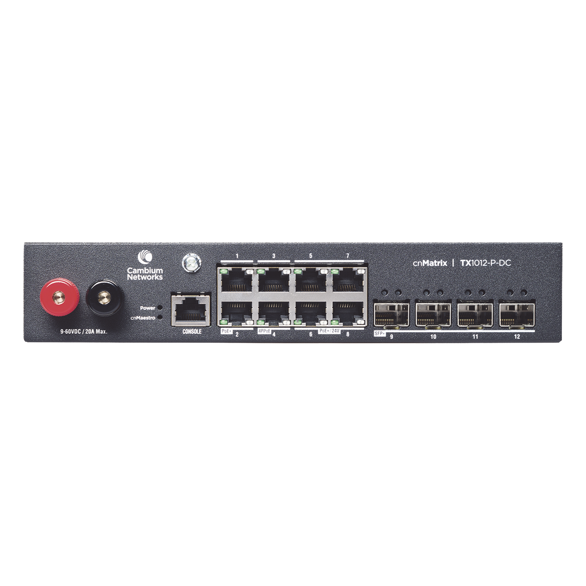 Switch cnMatrix WISP TX1012-DC-P de 8 puertos PoE y 4 SFP+, 170 W PoE Budget, Capa 2, gestión gratuita desde la nube, para corriente directa — CAMBIUM NETWORKS · SKU MX-TX1012GXPA-20