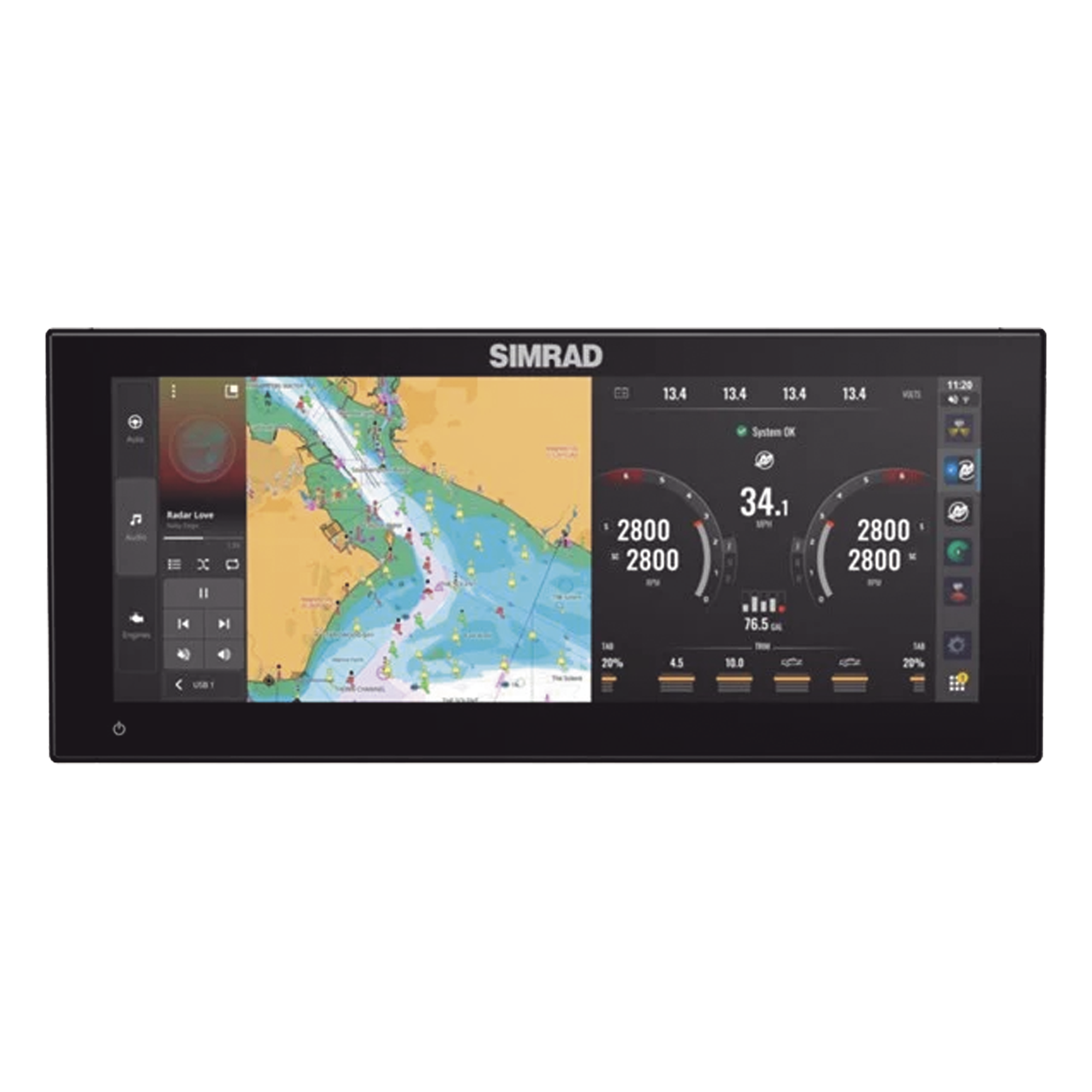 Pantalla Ultrawide NSX ULTRAWIDE de 12 pulgadas / Pantalla SolarMAX™ IPS HD / Integración con Mercury® y CZone® / Sonar Active Imaging™ / Compatibilidad con C-MAP® X-Gen Charts / NMEA 2000® / Ethernet y USB — SIMRAD · SKU 000-16215-001