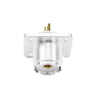 Conector UHF Hembra (SO-239) para Montaje de Chasis con 4 Hoyos a 18 mm, Terminal Soldable, Plata/ Oro/ Teflón.