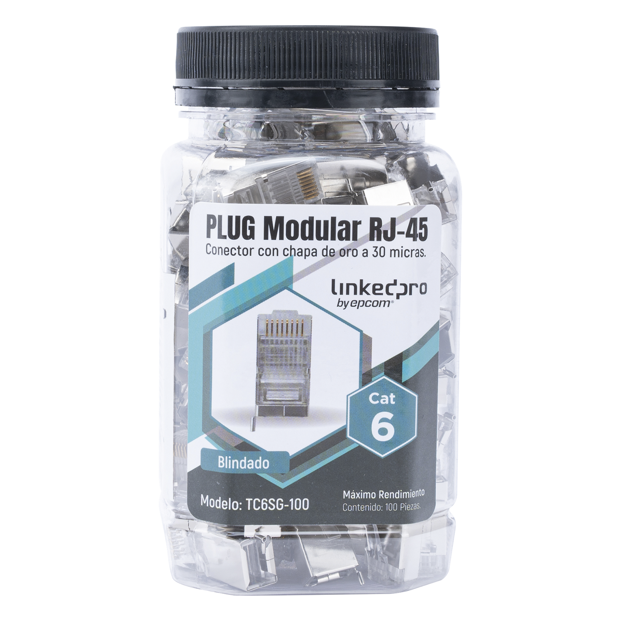 Bote con 100 Piezas de Plug Modular RJ45 Cat6 Blindado con Pin de Tierra, Chapado de Oro a 30 Micras para Durabilidad Extrema — LINKEDPRO BY EPCOM · SKU TC6SG-100