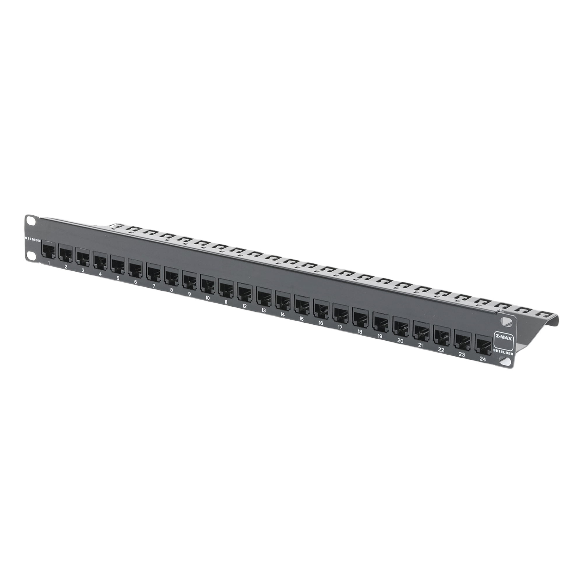 Patch Panel Z-Max, Blindado, de 24 Puertos, Modular (Vacío), Plano, 1UR — SIEMON · SKU ZS-PNL-24E