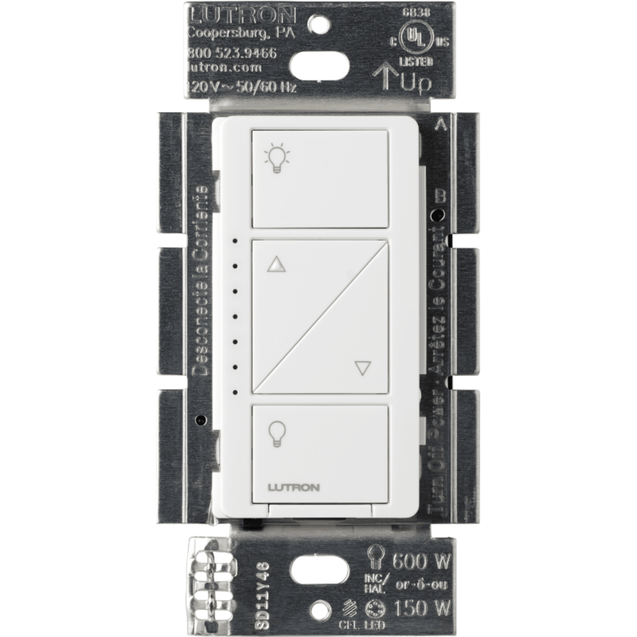 (Caseta Wireless) Atenuador de pared. Aumenta/Disminuye Intensidad de Iluminación. No requiere cable neutro. 150W LED / 600W INC/HAL