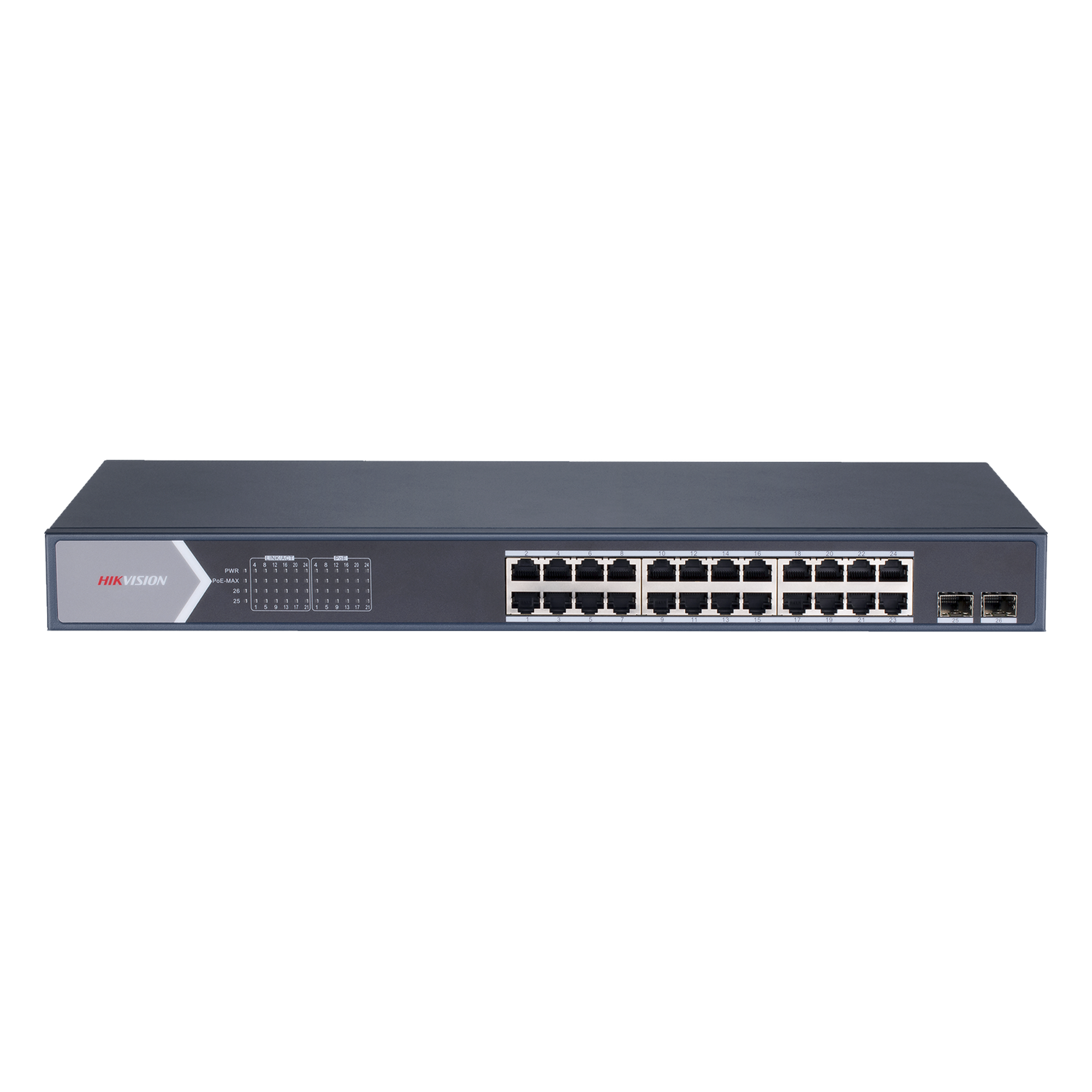 Switch PoE+ Administrable / 24 Puertos Gigabit / 2 Puertos SFP / PoE Extendido 250 m (820.2 ft) / 370 W / 56 Gbps — HIKVISION · SKU DS-3E1526P-SI