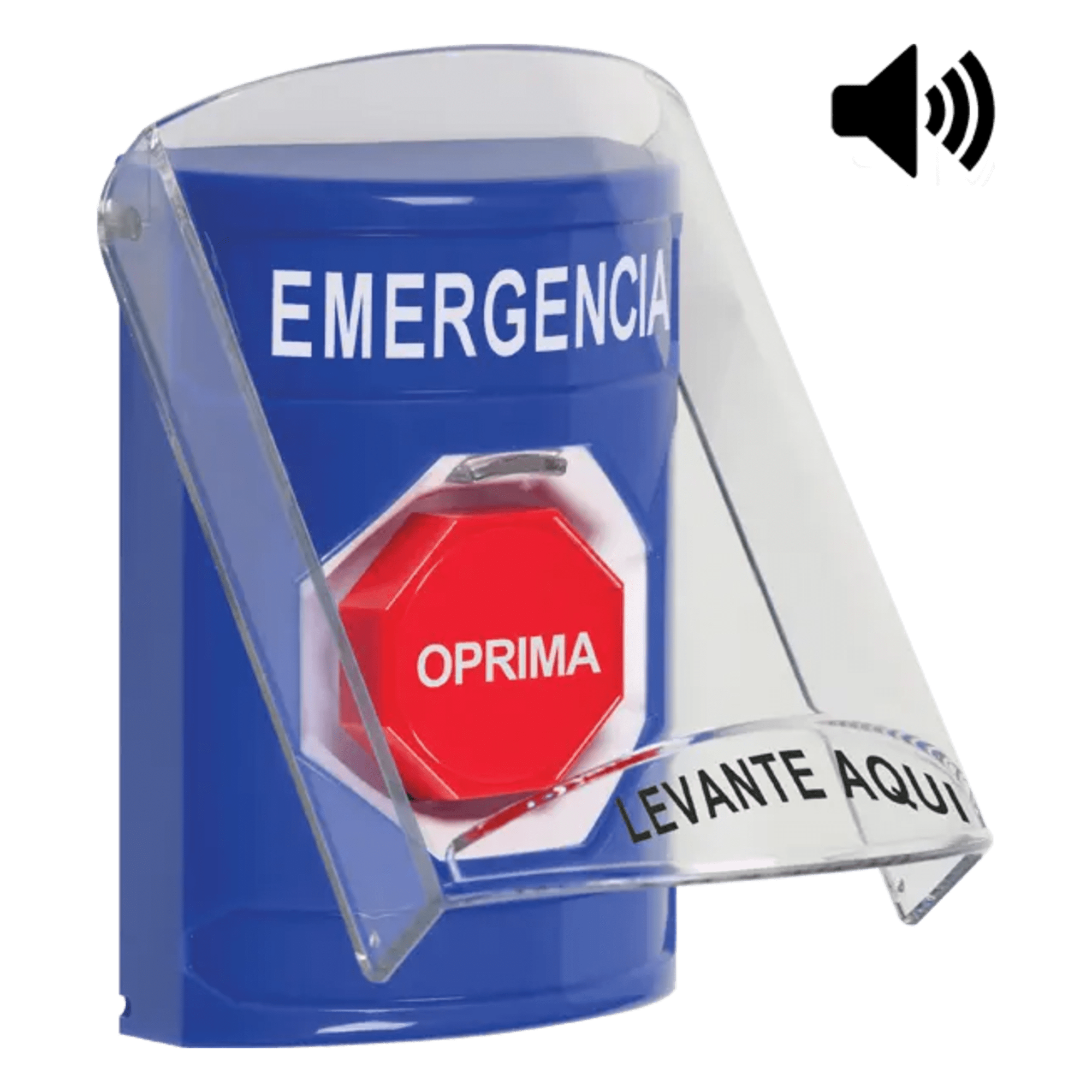 Botón Multipropósito, Color Azul, De Superficie, Con Tapa De Policarbonato, Con Bocina Pre Alarma, Solo Interior, Llave Para Restablecer, Texto De Emergencia, Español — STI · SKU SS24A2EM-ES