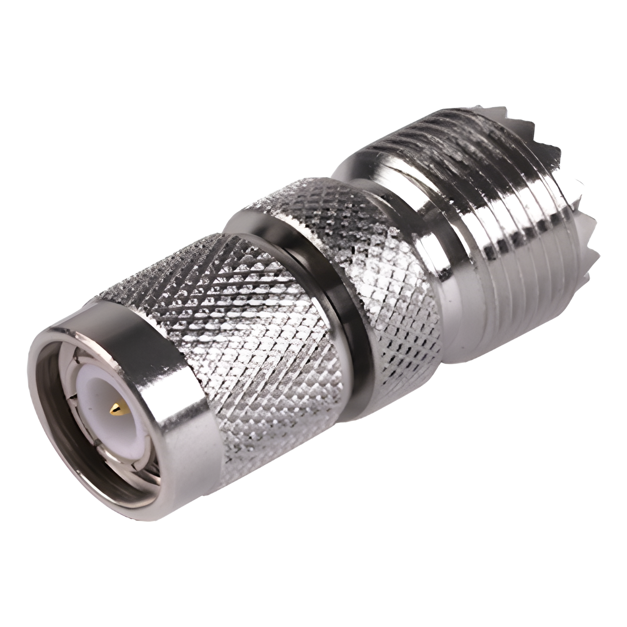 Adaptador en Línea de Conector TNC Macho a Conector UHF Hembra (SO-239), Níquel/ Oro/ Teflón. — RF INDUSTRIES,LTD · SKU RFT-1235