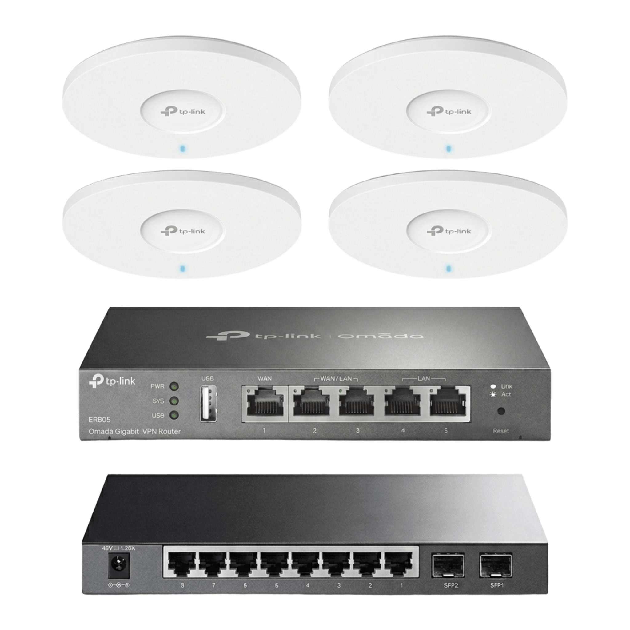 Kit de Iniciación en redes OMADA / 1 Router / 1 Switch TL-SG2210P / 4 Punto de Acceso EAP613 — TP-LINK · SKU KIT-M2-OMADA