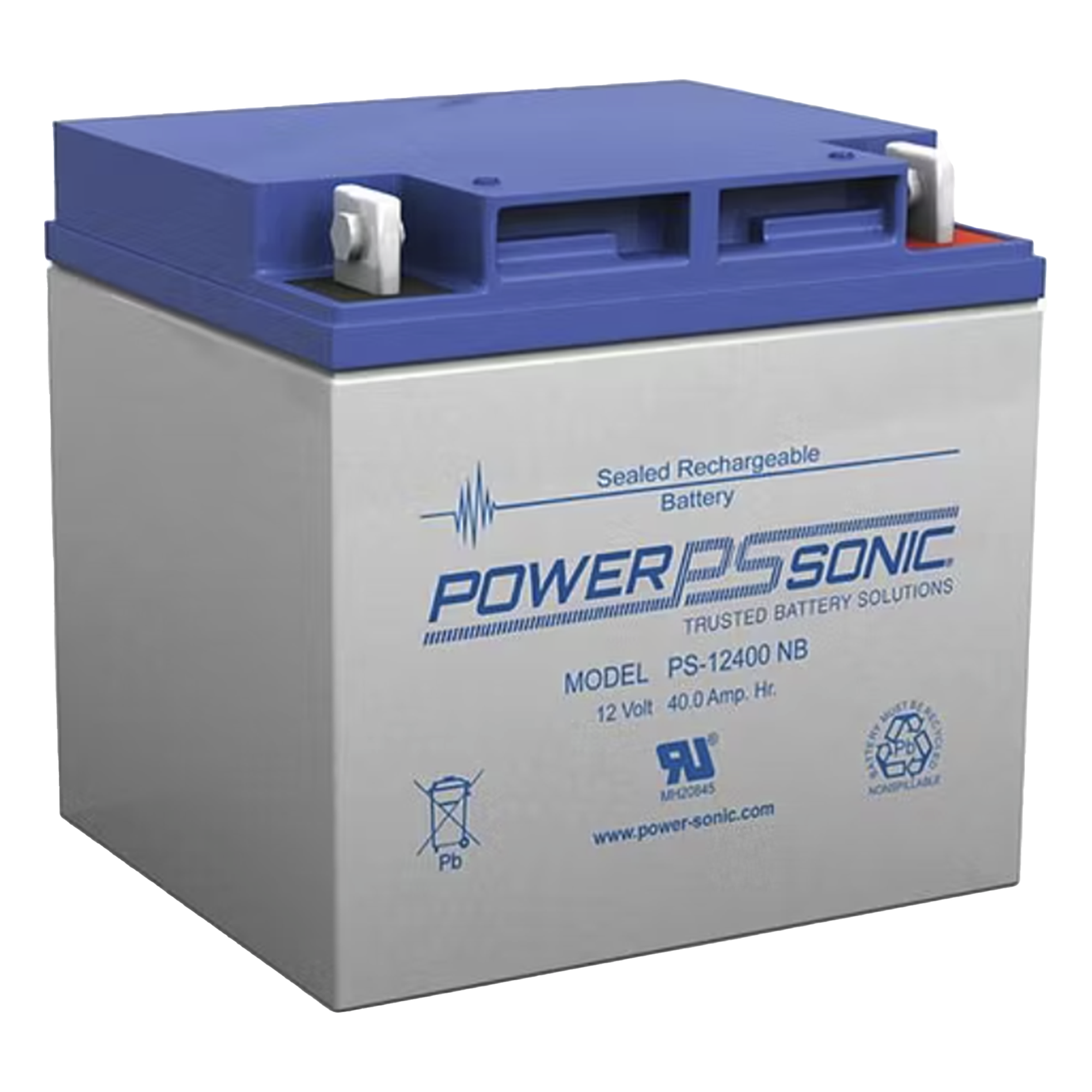 Batería 12V, 40AH, Para Respaldo, Tecnologías AGM/VRLA, 5 Años Vida Útil, Terminales NB4, Reconocida UL — POWER SONIC · SKU PS-12400-NB4