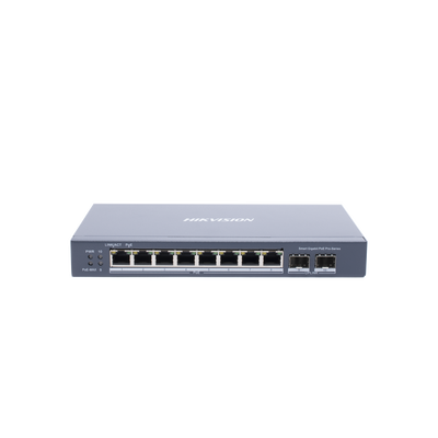 Switch Gigabit PoE+ / Administrable / 8 Puertos Gigabit PoE+ / 2 Puertos SFP / Configuración Nube Hik-Partner Pro / Modo Extendido hasta 300 Metros / 110 W — HIKVISION · SKU DS-3E1510P-SI