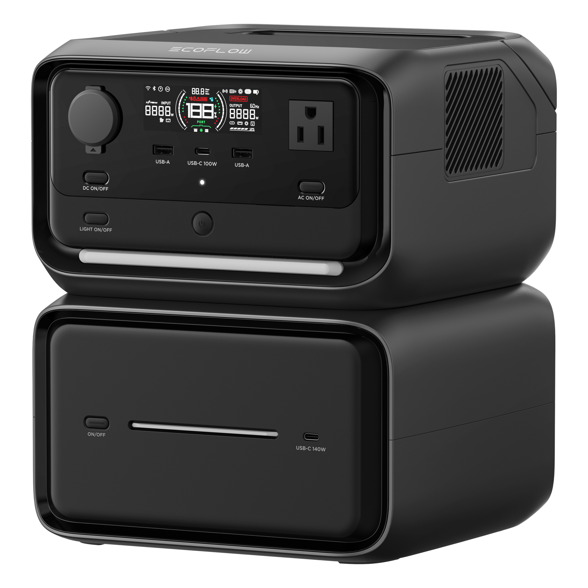 EcoFlow River 3 | Estación de Energía Portátil 858Wh Litio LFP / 2 AC 300 W (Max. 550W) / 1 USB-C 100W / 2 USB -A 12W / Cargador de Coche 8A a 12 o 24V / Conectividad WiFi y Bluetooth (App) / Carga Solar 110W Max. — ECOFLOW · SKU EFR3MAXPL