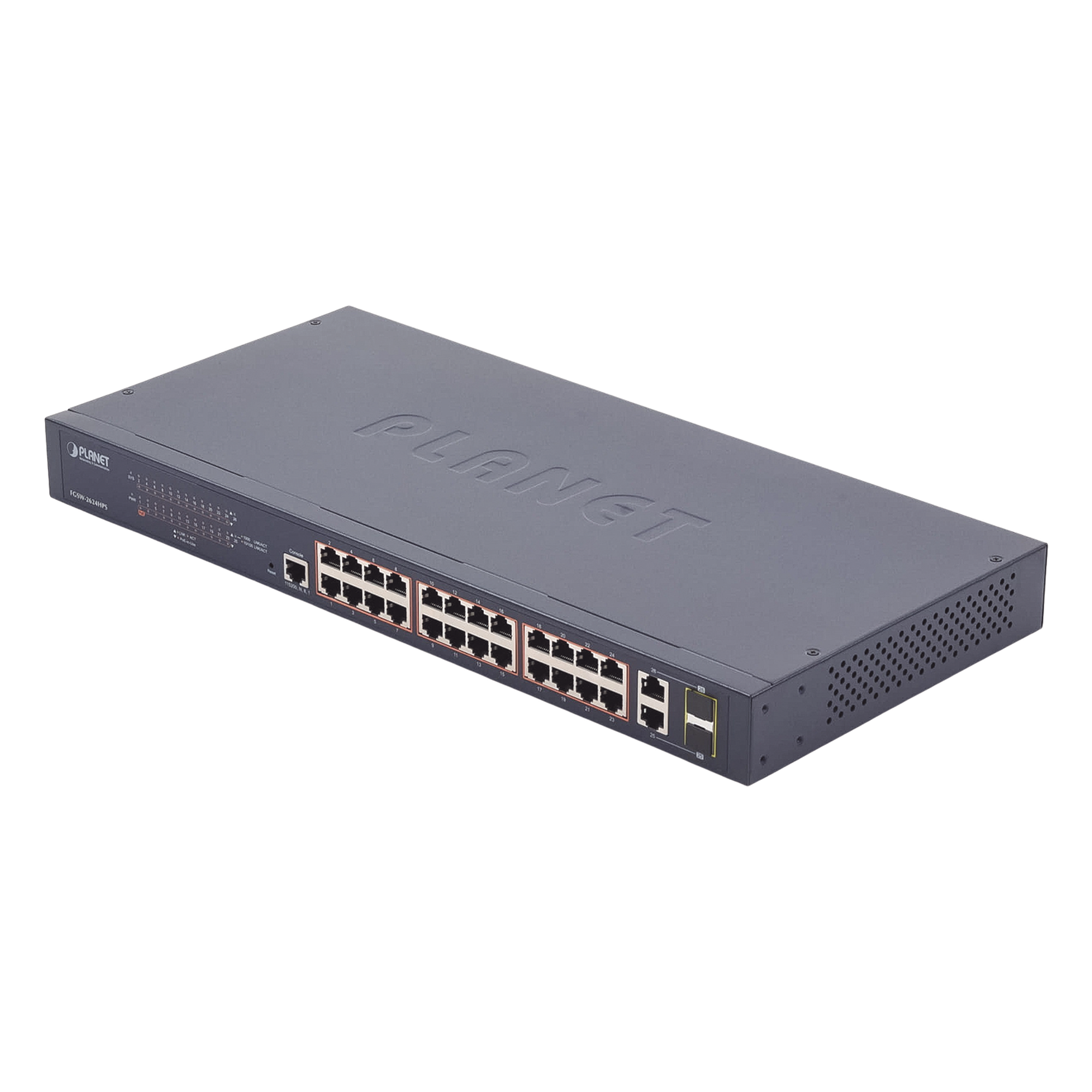 Switch administrable de 24 puertos 10/100TX PoE+ y 2 puertos combo TP/SFP Gigabit — PLANET · SKU FGSW-2624HPS