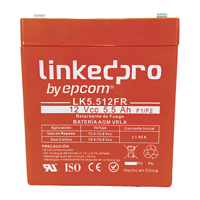 Batería de respaldo 12 V | 5.5 Ah | AGM | Certificada UL94-V0 Retardante a la Flama | Especial para Seguridad Electrónica | UPS | Sistemas de Emergencia | Vida útil 5 años | Terminales F1 + Adaptador F2