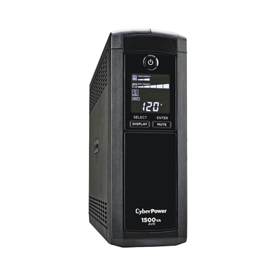 UPS de 1500 VA/900 W, Topología Línea Interactiva, Entrada 120 Vca NEMA 5-15P, Tipo Mini Torre, Con 12 Tomas NEMA 5-15R — CYBERPOWER · SKU CP1500AVRLCDA
