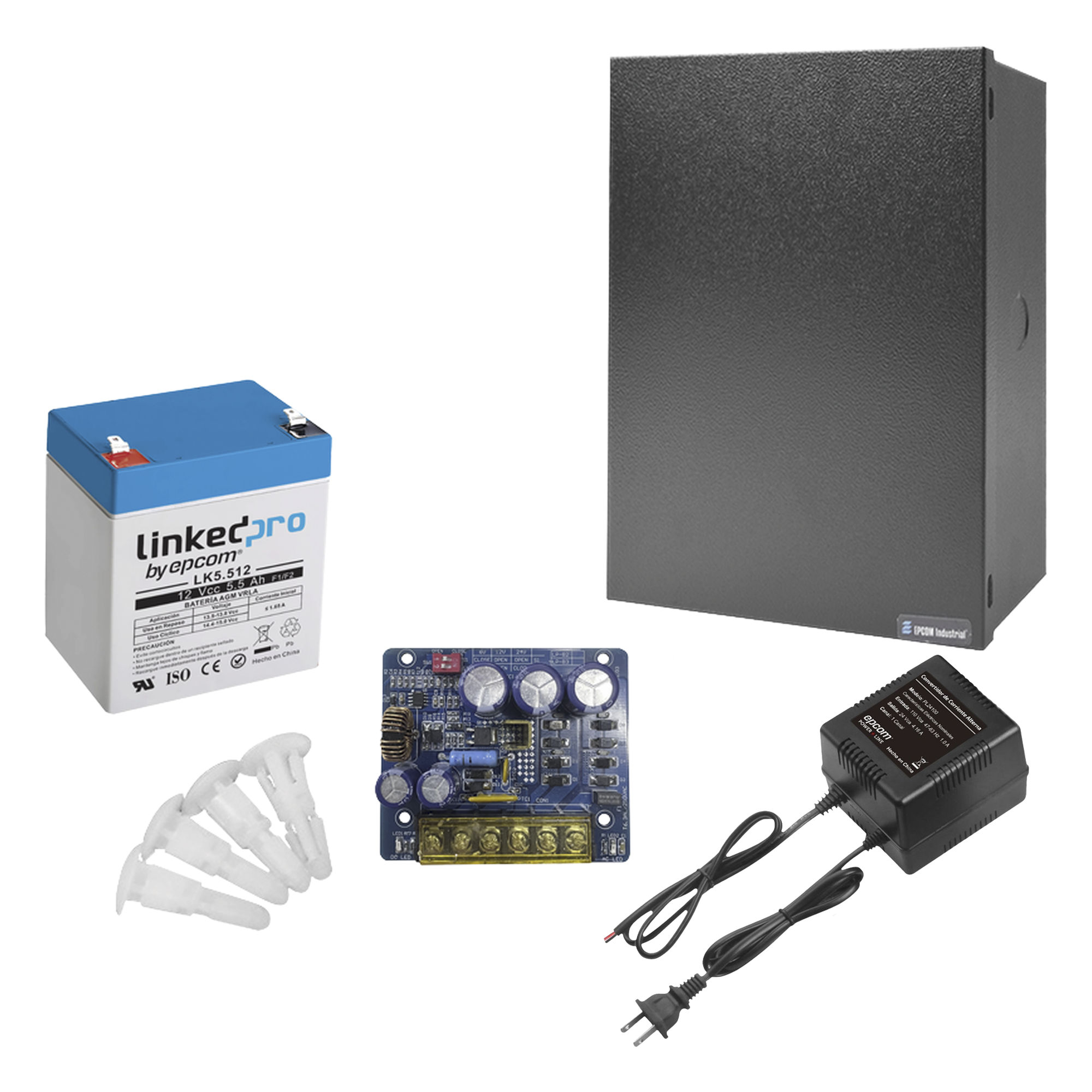 Kit con fuente PLB3 con salida de 12 Vcc a 4 Amper, incluye transformador y batería de 12 V a 5.5 Amper — EPCOM POWERLINE · SKU KIT16B3LK5