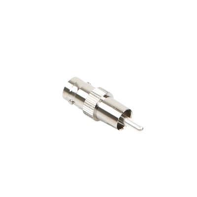 Adaptador de BNC Hembra a RCA Macho en 50 Ohm para Fono, uso en Aplicaciones de Audio-Video, Níquel/ Plata/ Delrin.