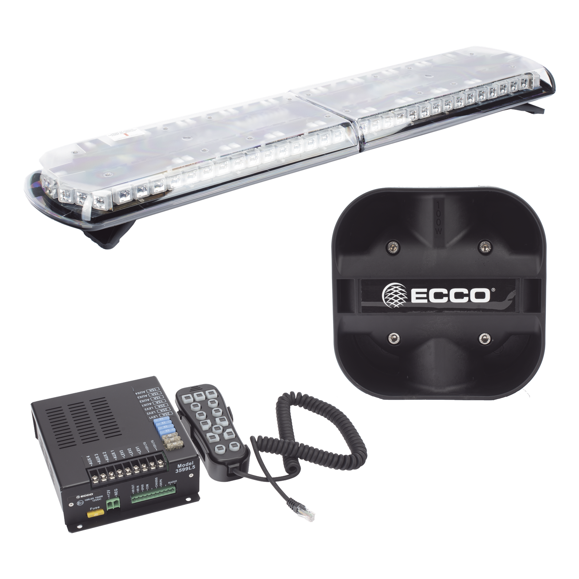 Kit de Sirena Vehicular H2 Covert, Bocina de uso rudo y Torreta 48" Serie 12 con 130 LED, dual color rojo/azul/claro/ambar, ideal para equipar unidades de policia — ECCO · SKU 12TR48KIT130
