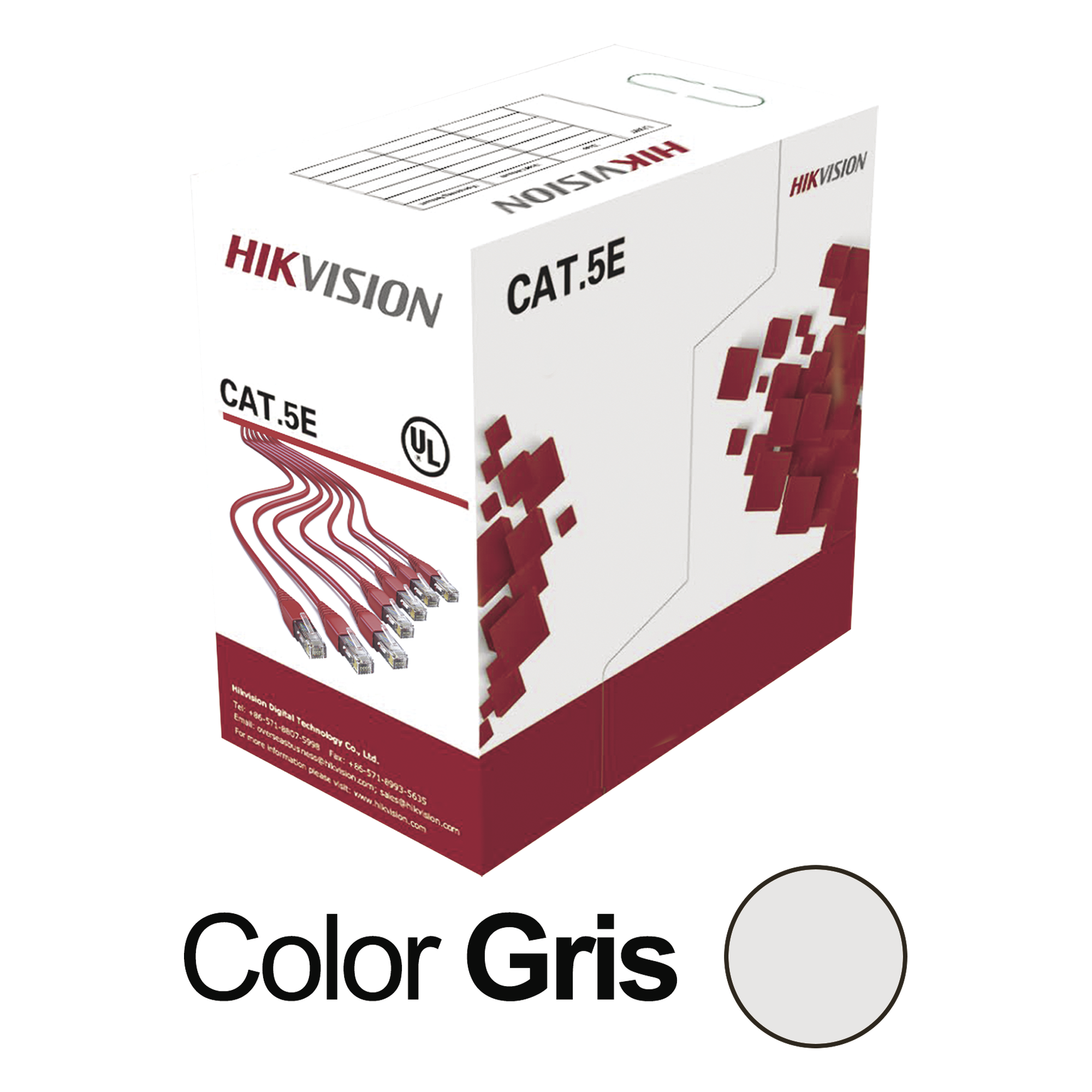 Bobina de Cable UTP 305 Metros (1000 Pies) / Cat5E (24 AWG) / Color Gris / PVC (CM) / Uso en Interior / 100% Cobre / Aplicaciones de CCTV y Redes de Datos — HIKVISION · SKU DS-1LN5E-S
