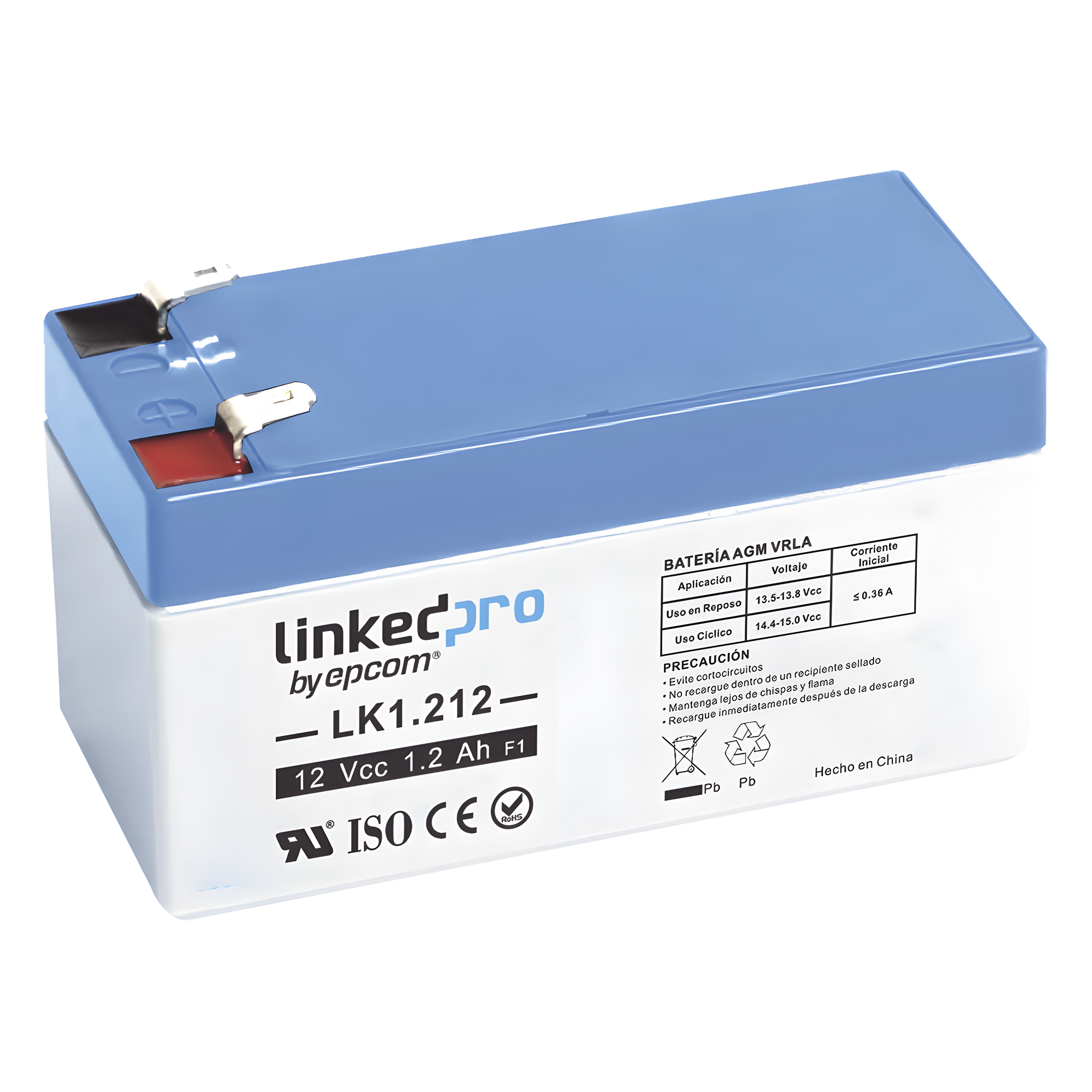 Batería de respaldo 12V | 1.2 Ah | AGM | Especial para seguridad electrónica | UPS | Sistemas de Emergencia  | Vida útil 5 años | Terminales F1  + Adaptador F2 — LINKEDPRO BY EPCOM · SKU LK1.212
