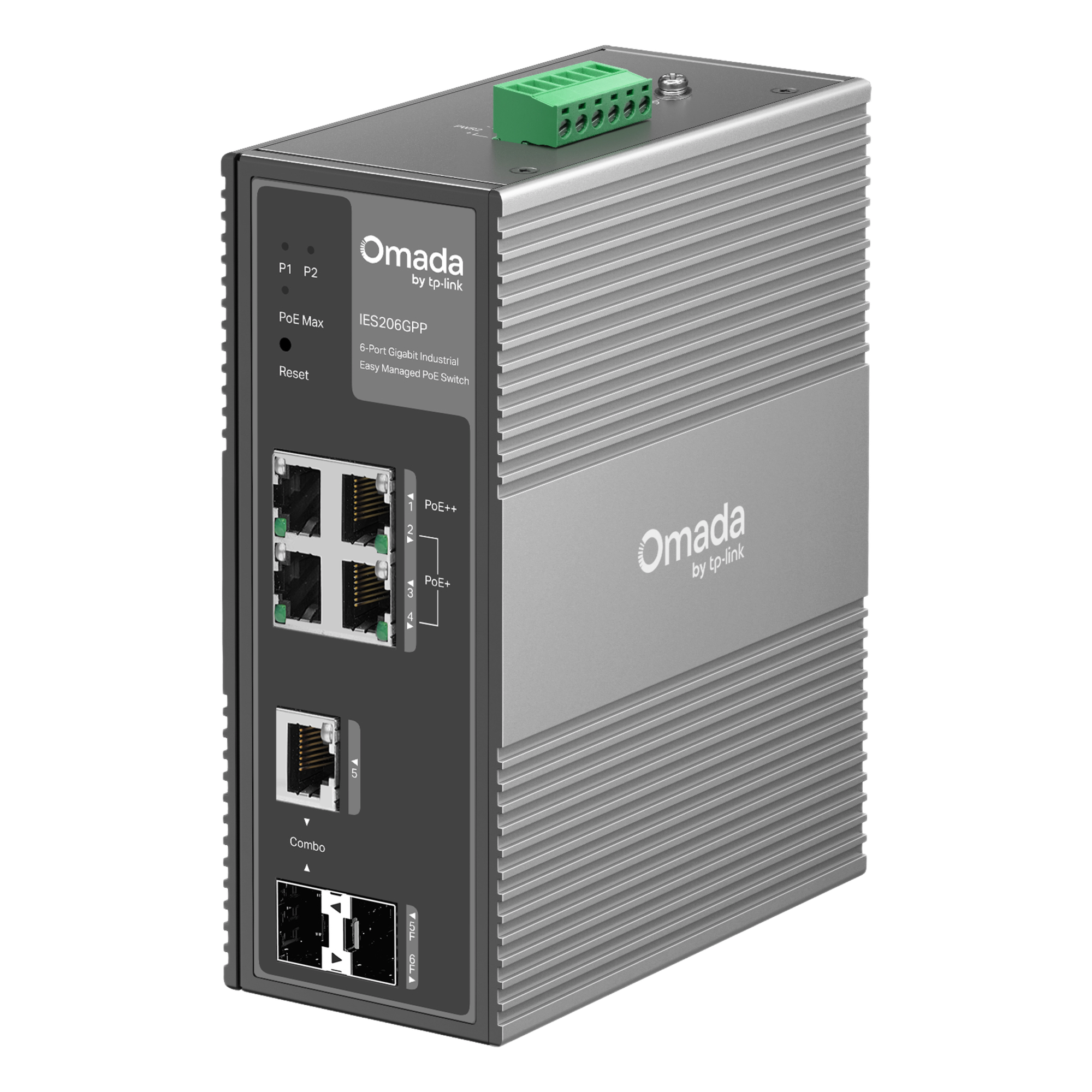 Switch Industrial Easy Managed / 6 Puertos Gigabit / 4 PoE (1× PoE++ 60W + 3× PoE+ 30W) / 120W PoE Budget / 2 SFP / IP40 / -40°C a 75°C / 6kV Protección Rayos / DIN-Rail