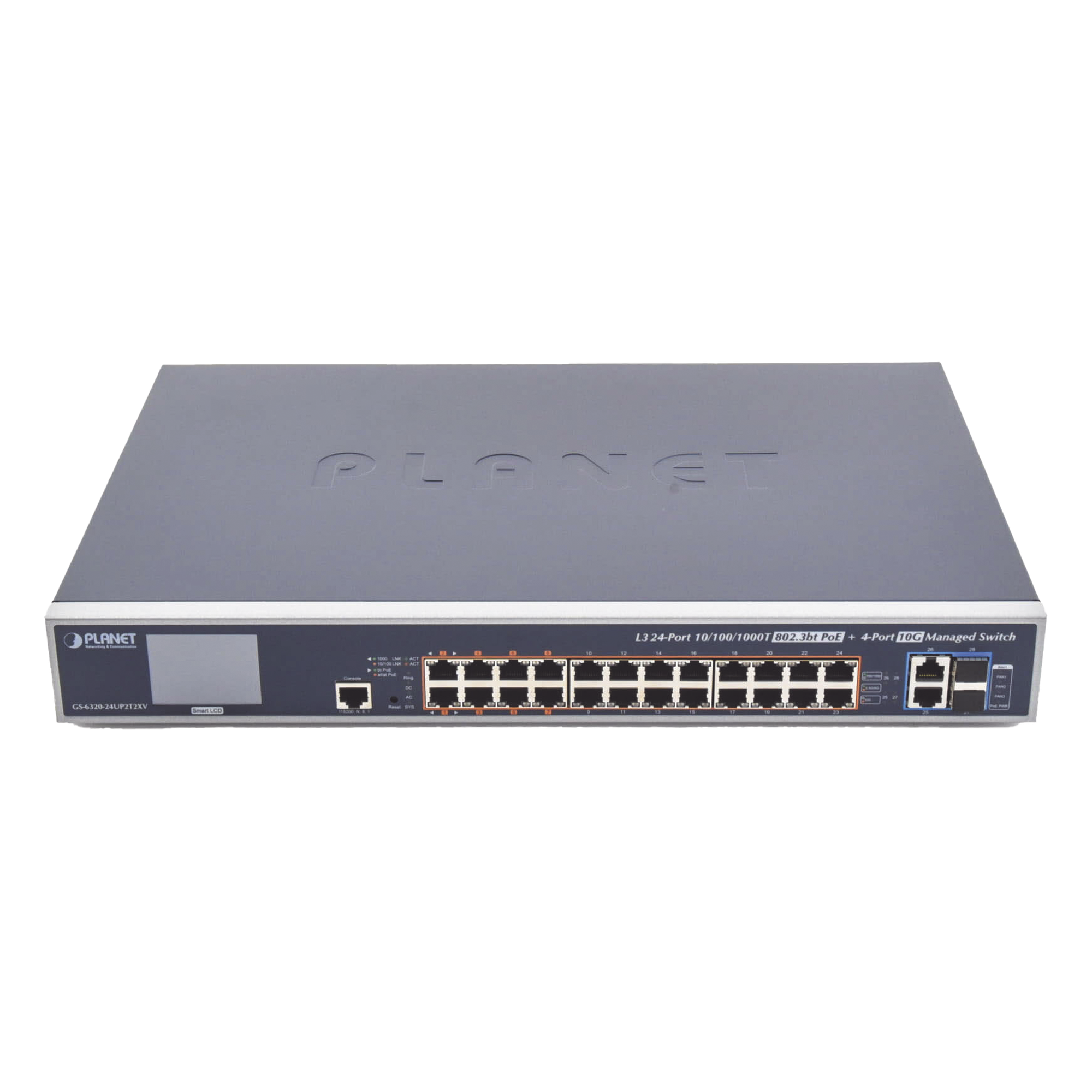 Switch Administrable L3, 24 puertos Gigabit PoE 802.3bt, 2 puertos 10G SFP+, Pantalla Tactil, Fuente Redundante, (600W) — PLANET · SKU GS-6320-24UP2T2XV