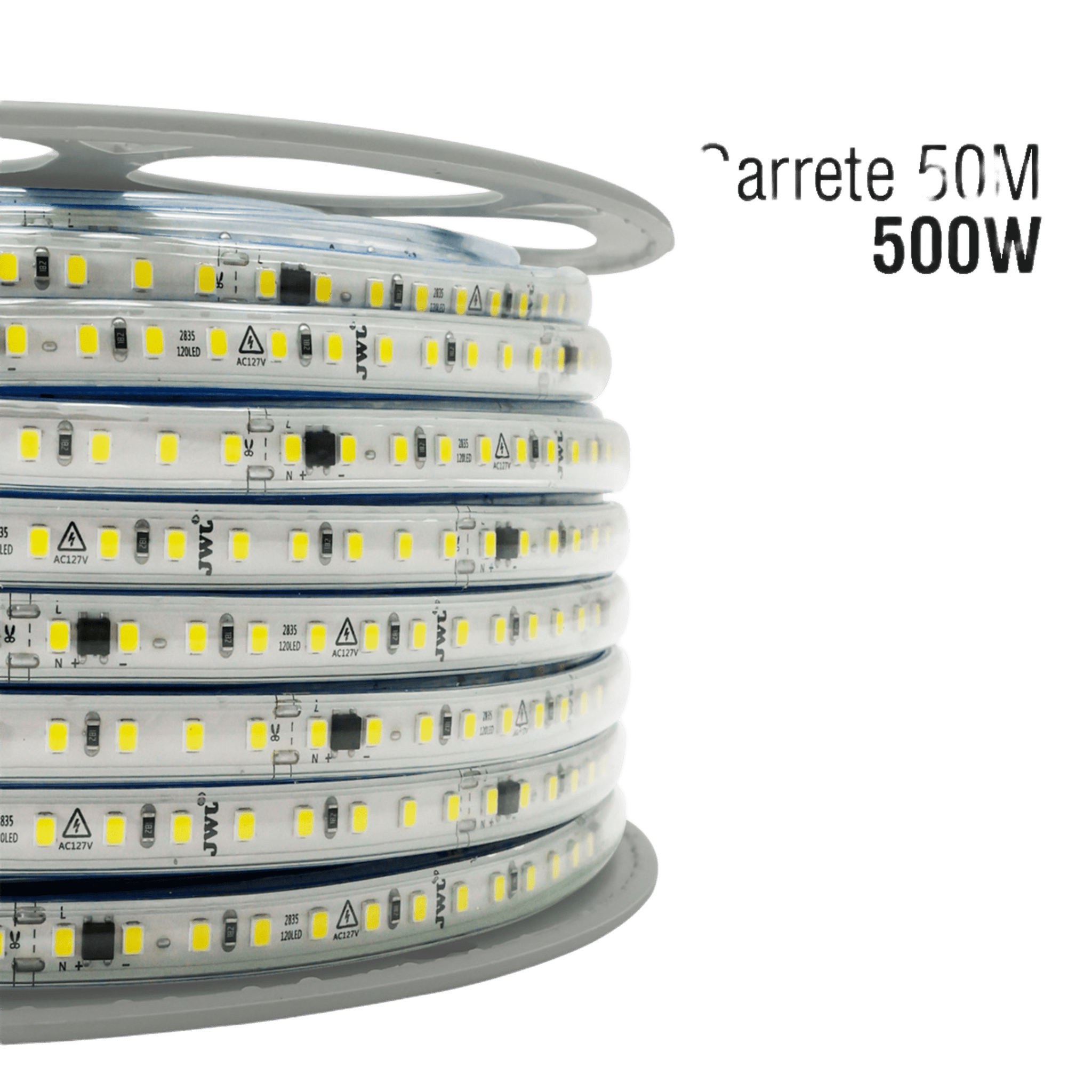 Manguera LED Luminosa Blanca de Resina Transparente y Flexible / Para uso Interior o Exterior / Carrete de 50 m/ 110V CA  4.2 A/ 500 W Potencia / T.C.C. 6500 K.