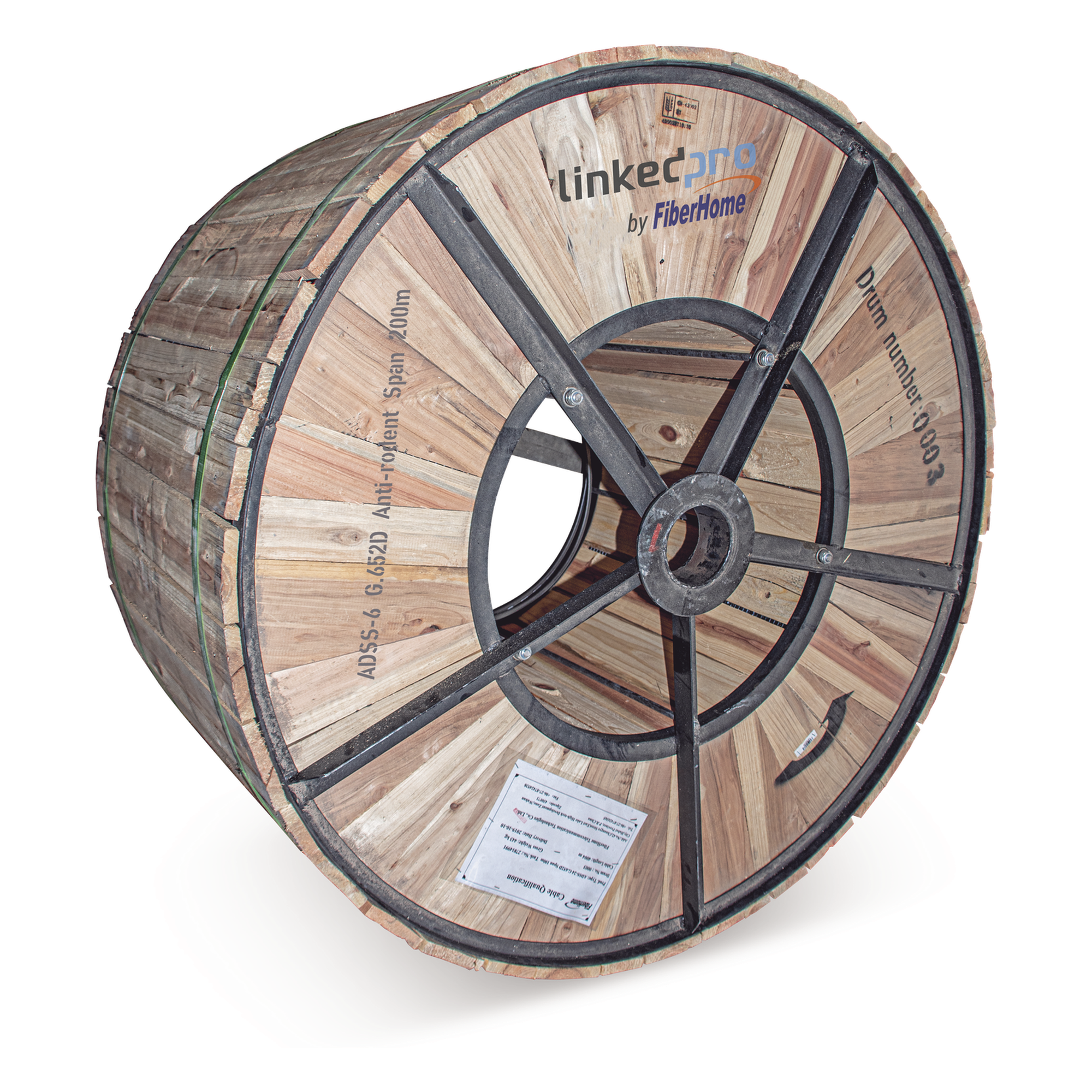 Carrete de 4 km de Fibra Óptica (ADSS) G.652D Armada Anti roedor, Dieléctrica, Monomodo 6 Hilos, Span 200 (Para instalaciones aéreas, en tubería o enterrado directo) — LINKEDPRO BY FIBERHOME · SKU OC-ADSS-ARMD-06C/4KM