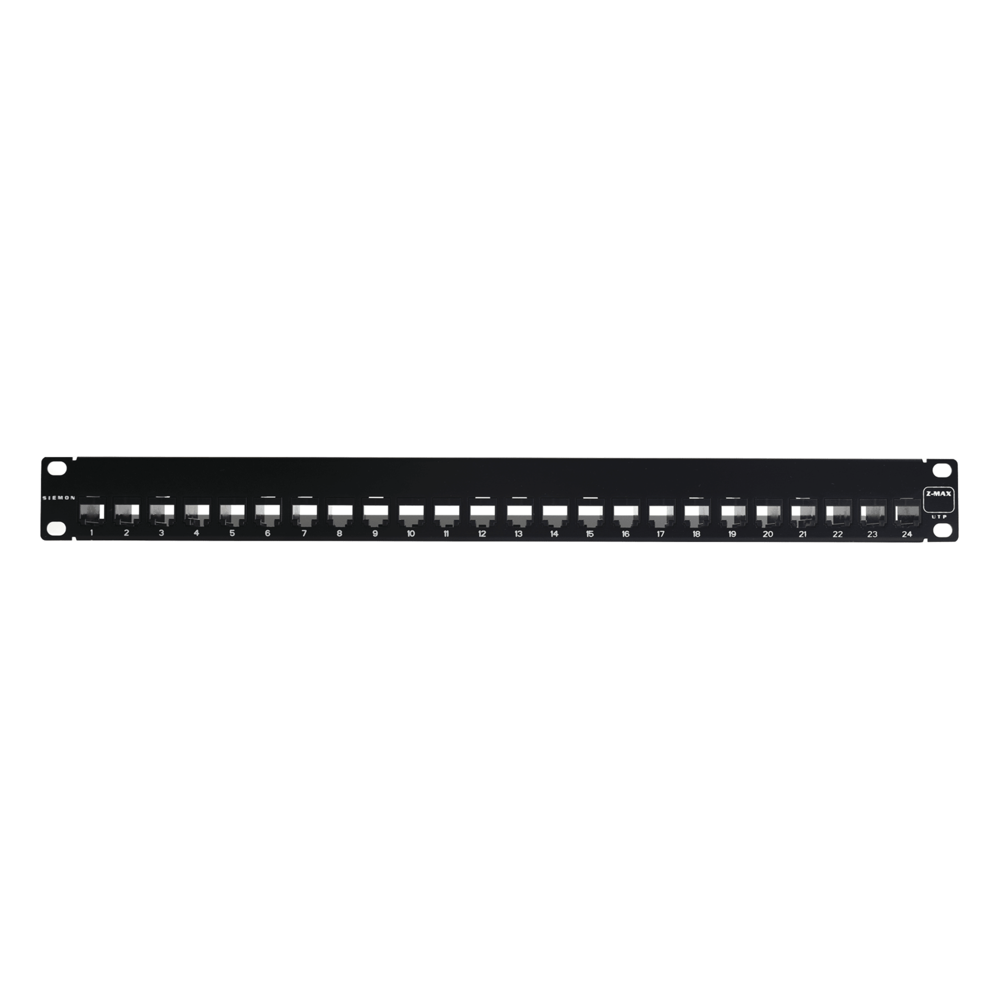 Patch Panel UTP Z-MAX de 24 Puertos, Precargado con Jacks Categoría 6, Plano, 1UR — SIEMON · SKU Z6-PNL-24K