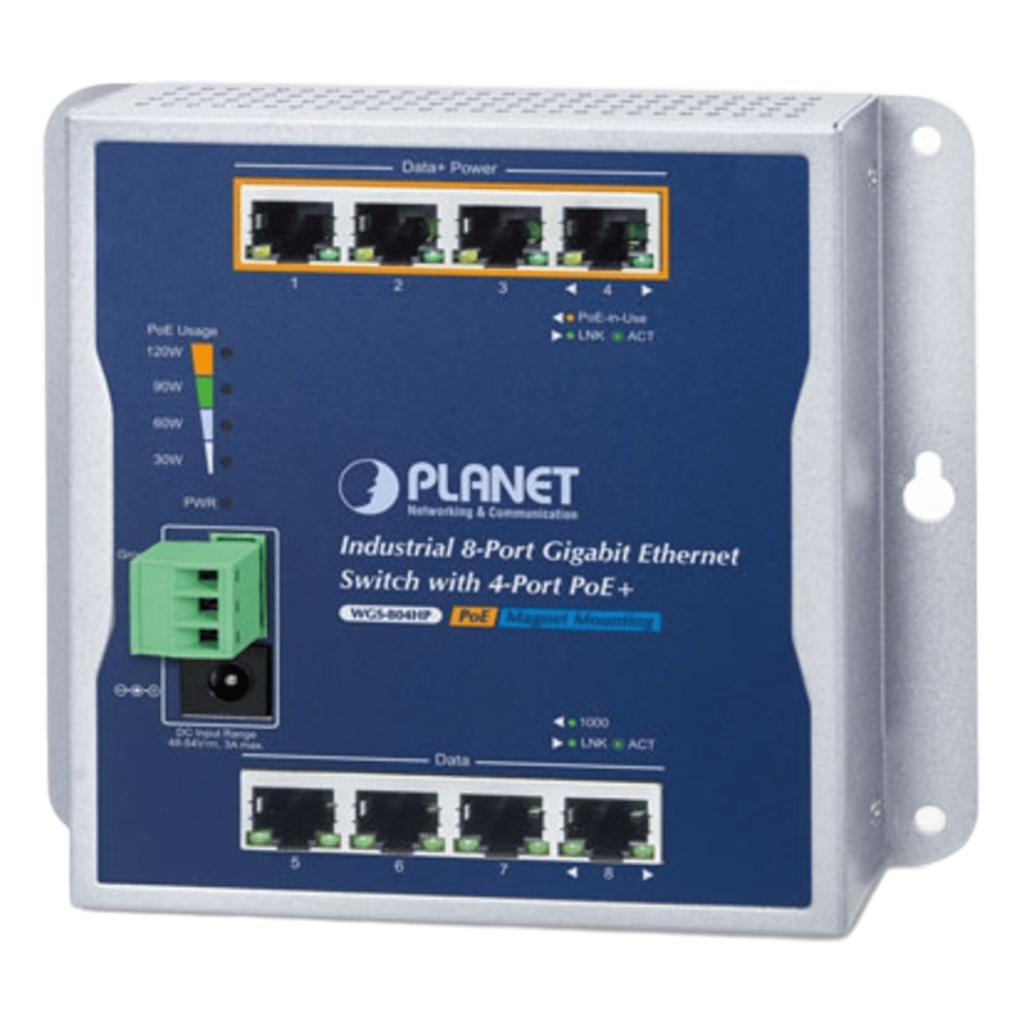 Switch Industrial No Administrable, Múltiple Montaje (Pared, Riel DIN y Magnético), 8 Puertos Gigabit con 4 puertos PoE 802.3at, Hasta 120 W. — PLANET · SKU WGS-804HP