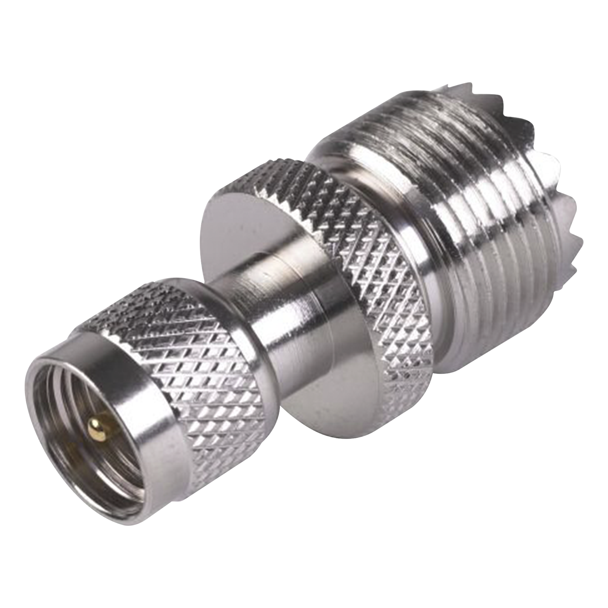 Adaptador en Línea de Conector Mini UHF Macho a UHF Hembra (SO-239), Níquel/ Oro/ Teflón. — RF INDUSTRIES,LTD · SKU RFU-621
