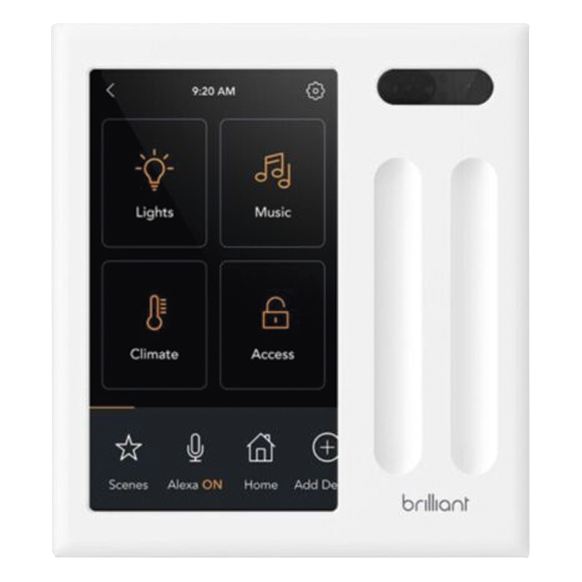 Control touch desde su pantalla en pared, compatible con 2 cargas para controlar iluminación. — BRILLIANT · SKU BHA120USWH2C