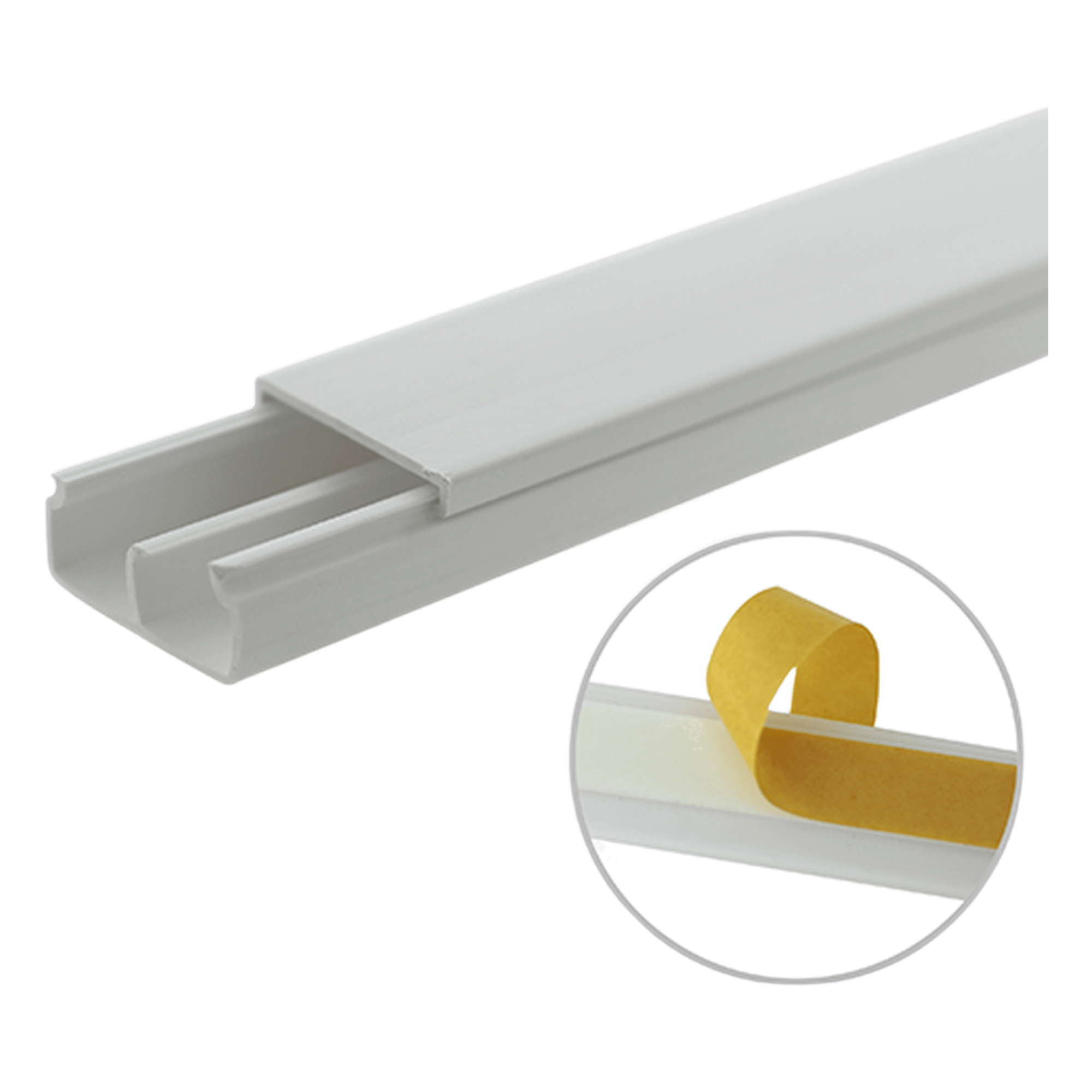 Canaleta blanca de PVC auto extinguible, con división, 20 x 10 mm, tramo 6 pies, con cinta adhesiva (5101-21252) — THORSMAN · SKU TMK-1020-CD-CC