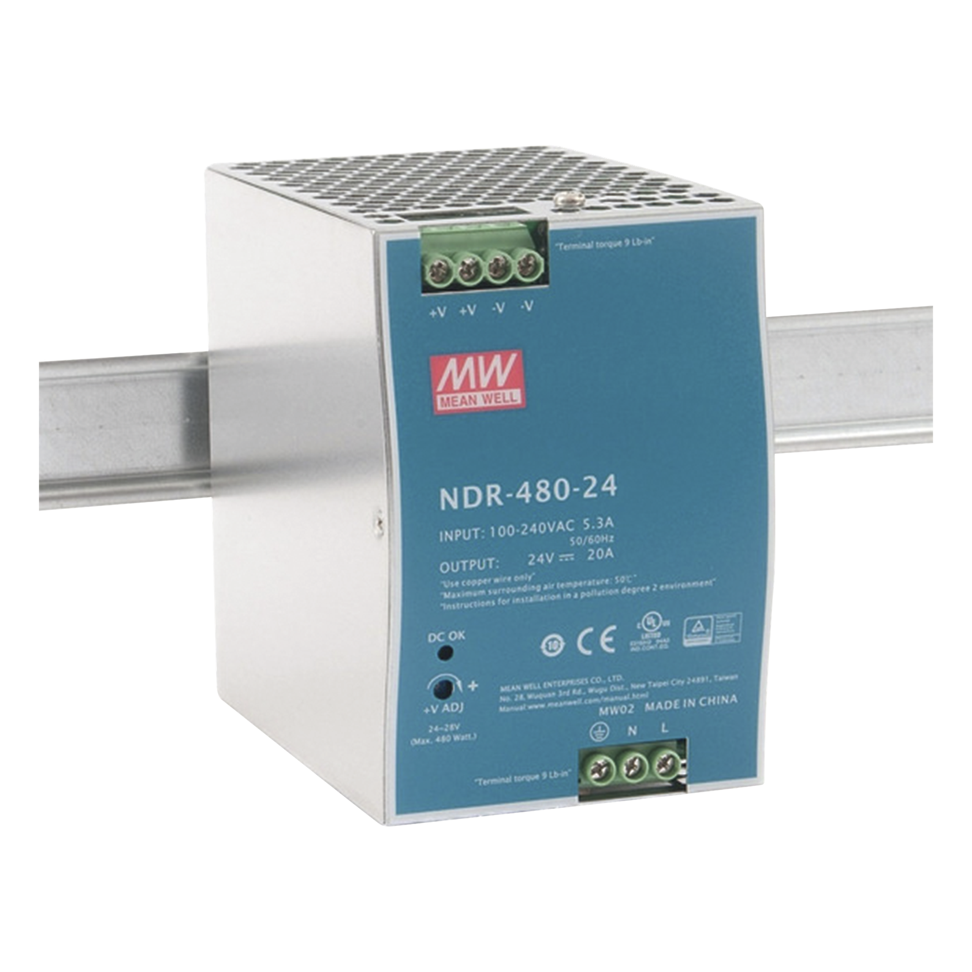 Fuente de poder industrial para riel DIN / 480W / 24Vcc / 20A / Entrada: 100-240Vca — MEANWELL · SKU NDR48024